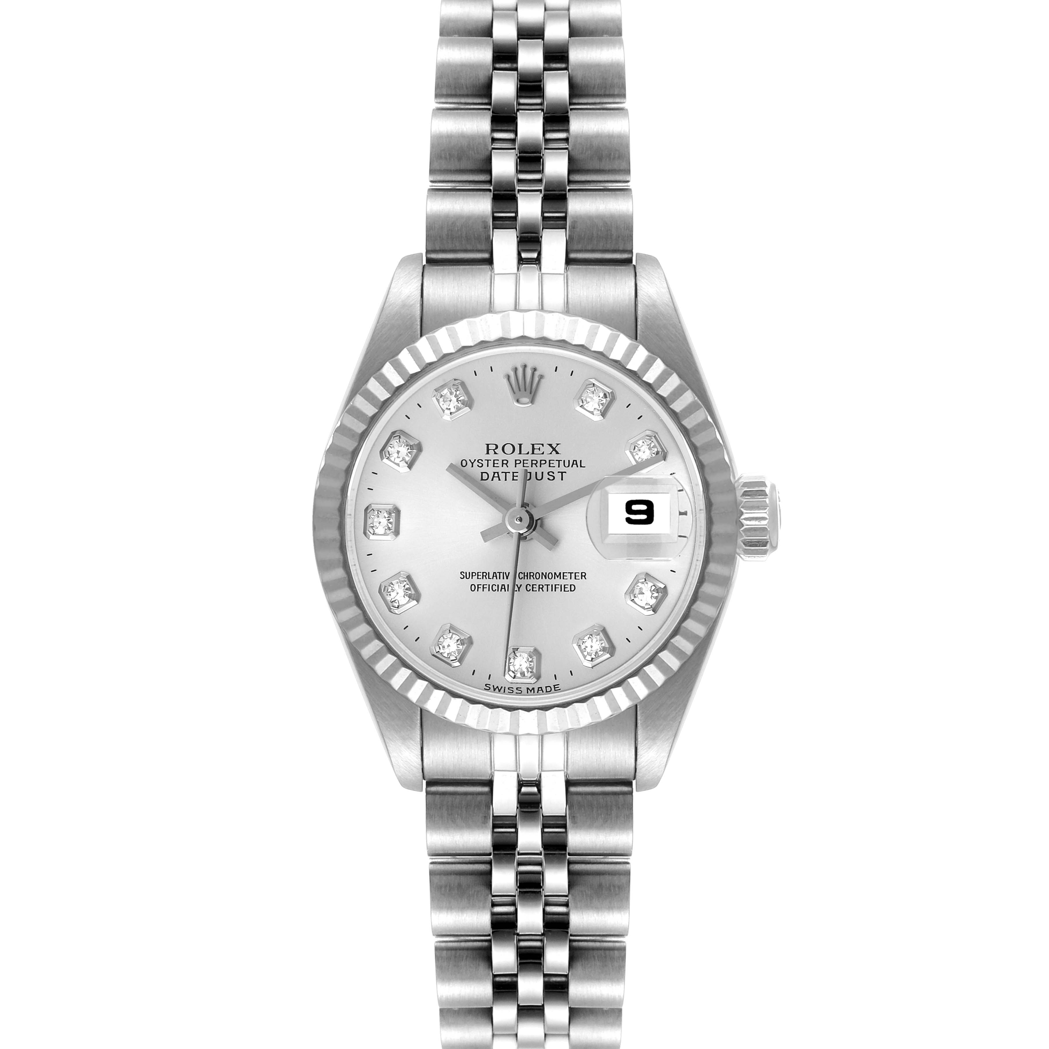 The image shows a front view of the Rolex Datejust 79174 Women's Stainless Steel Silver Dial 79174 Women's Stainless Steel Silver Dial watch, displaying the full face, bezel, and bracelet.