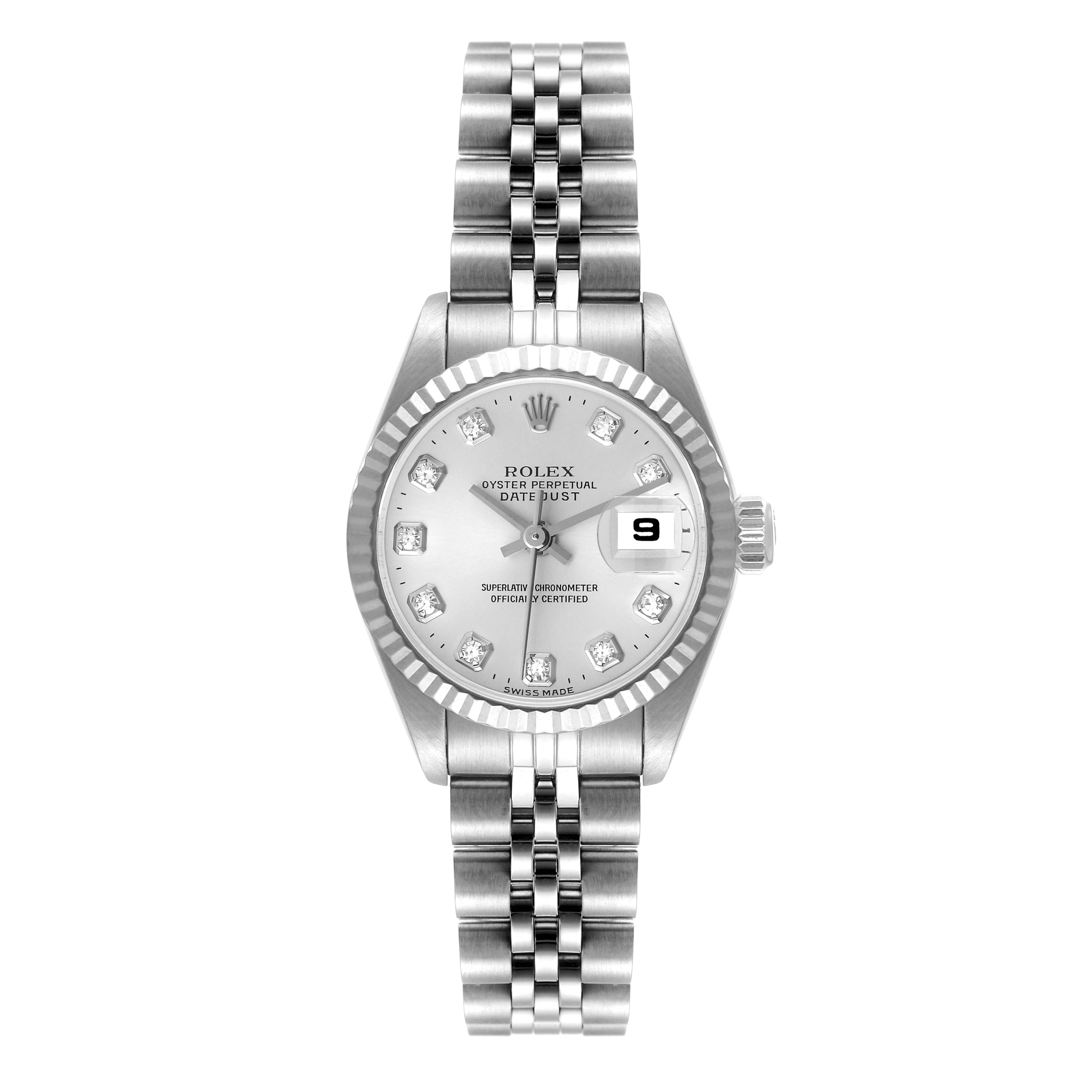 The image shows a front view of the Rolex Datejust 79174 Women's Stainless Steel Silver Dial 79174 Women's Stainless Steel Silver Dial watch, displaying the bracelet, dial, date window, and hour markers.