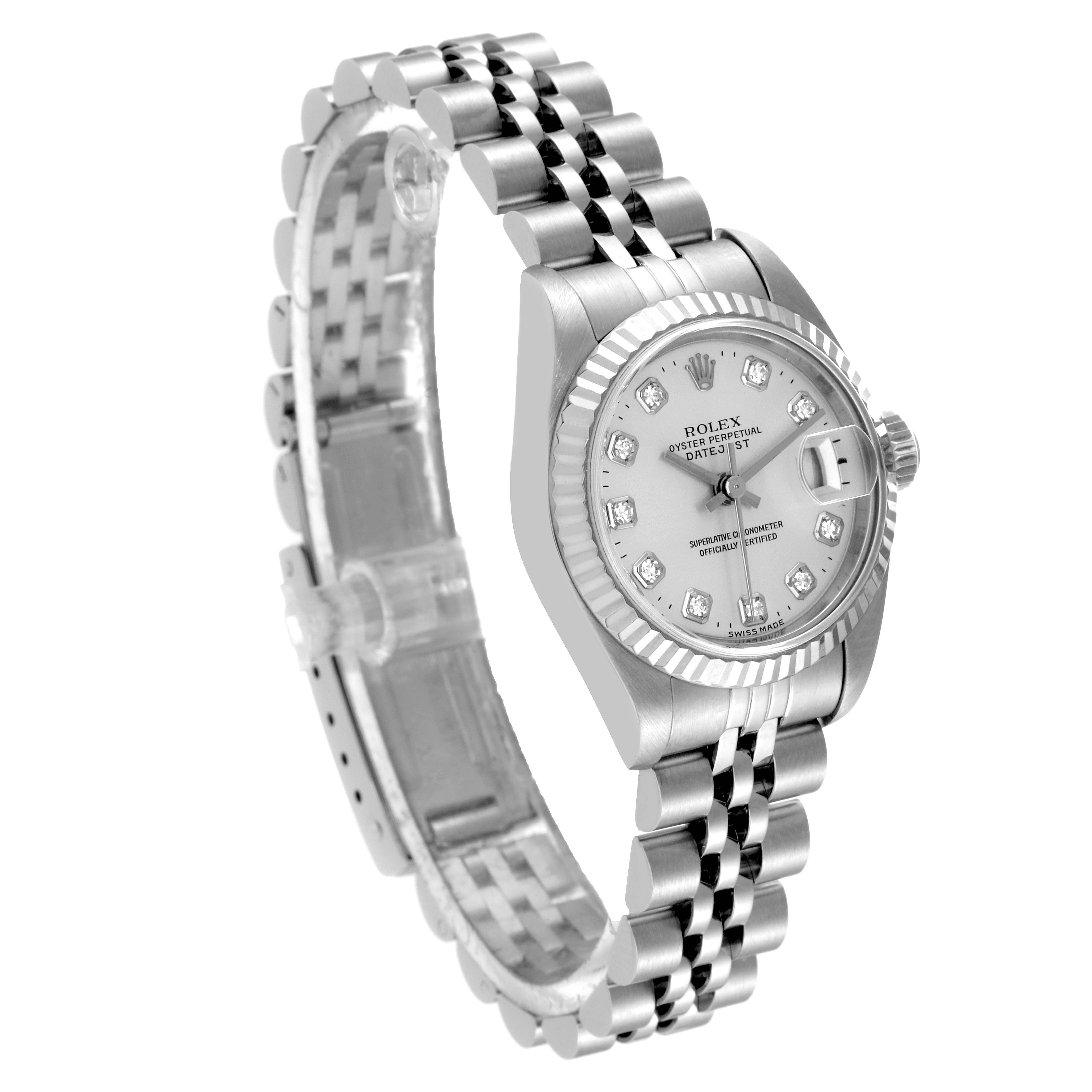 The image shows a Rolex Datejust 79174 Women's Stainless Steel Silver Dial 79174 Women's Stainless Steel Silver Dial watch at an oblique angle, highlighting its face, band, and clasp.