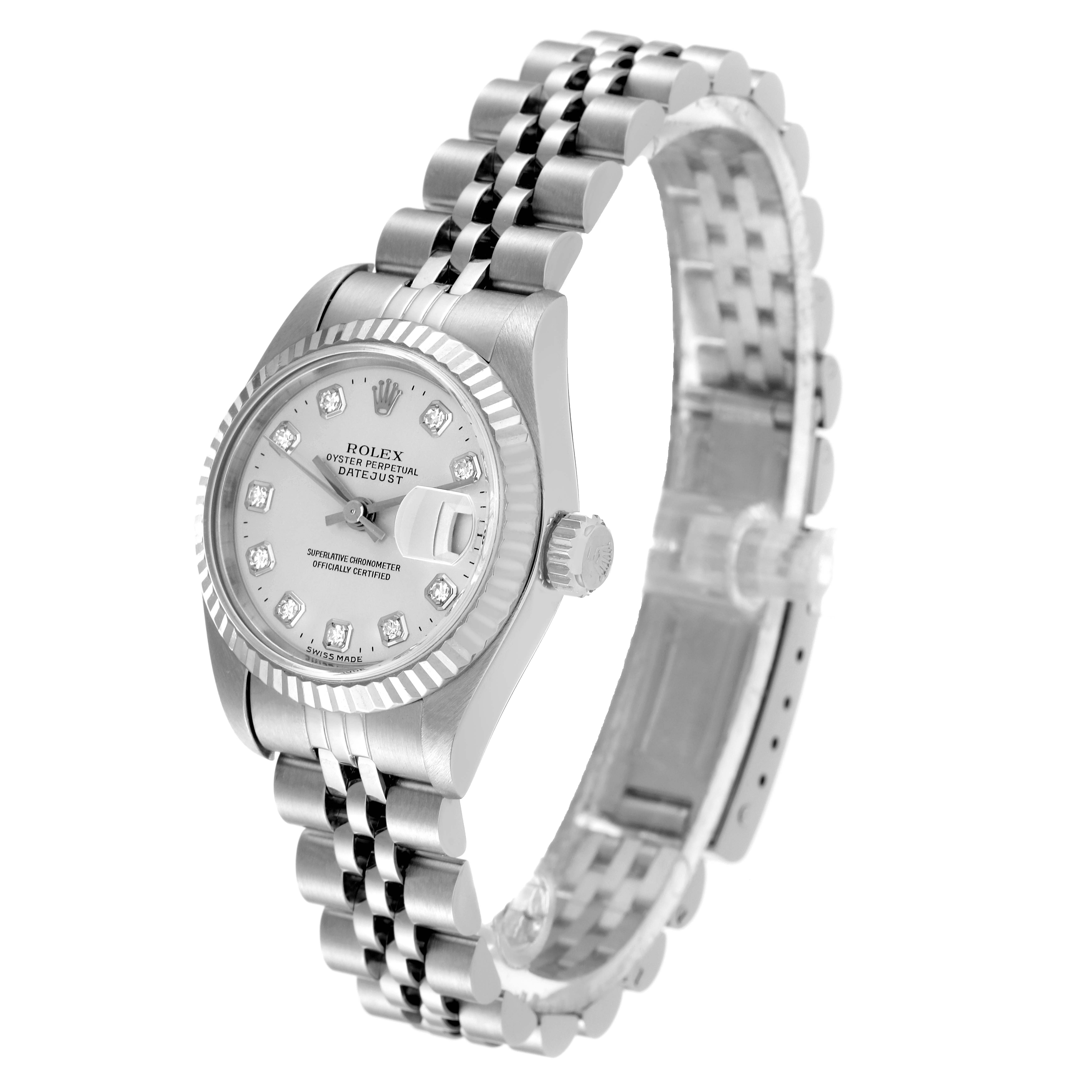 The Rolex Datejust 79174 Women's Stainless Steel Silver Dial 79174 Women's Stainless Steel Silver Dial watch is shown at a three-quarter angle, highlighting the face, bezel, and part of the bracelet.