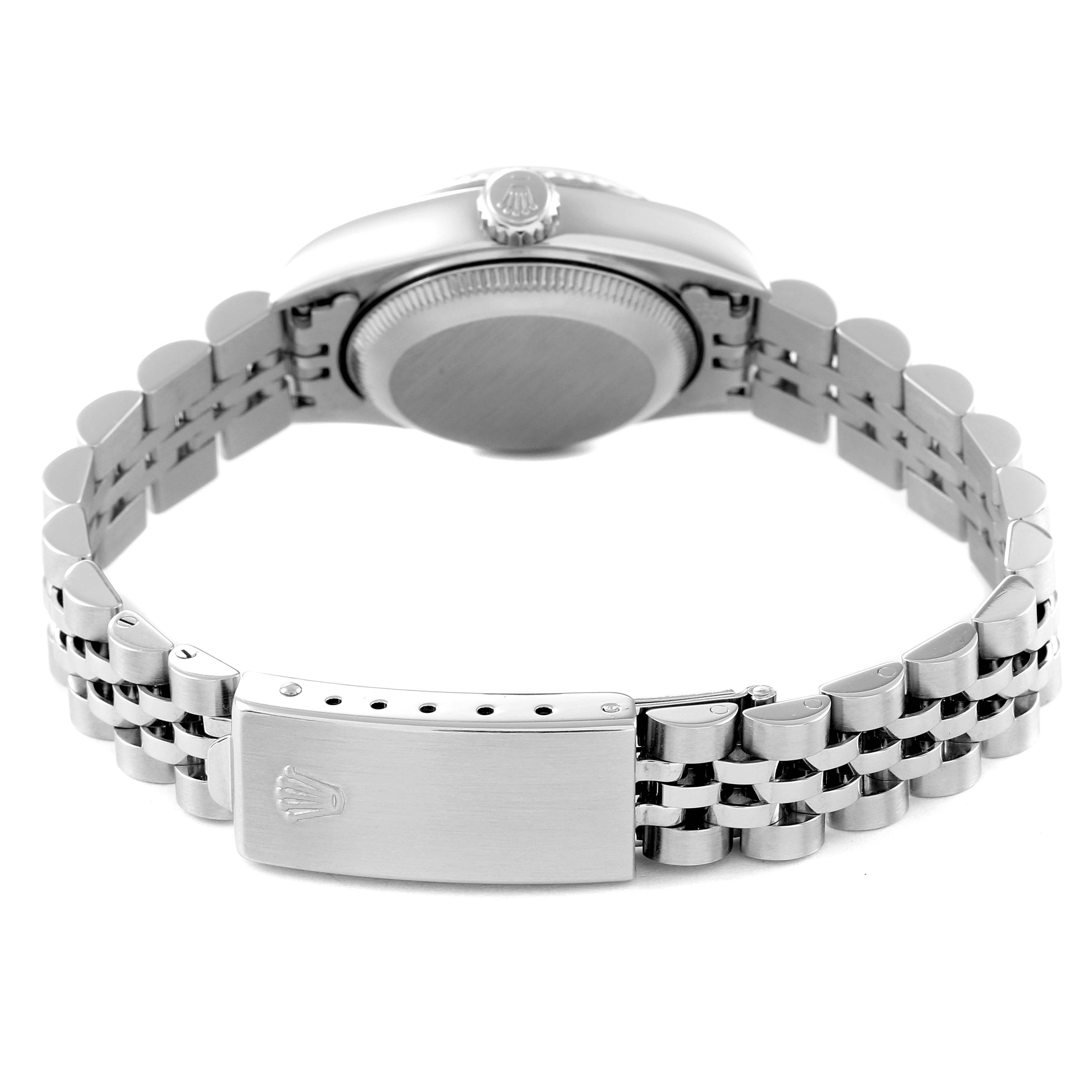 This image shows the back view of the case and the Jubilee bracelet of a Rolex Datejust 79174 Women's Stainless Steel Silver Dial 79174 Women's Stainless Steel Silver Dial model.