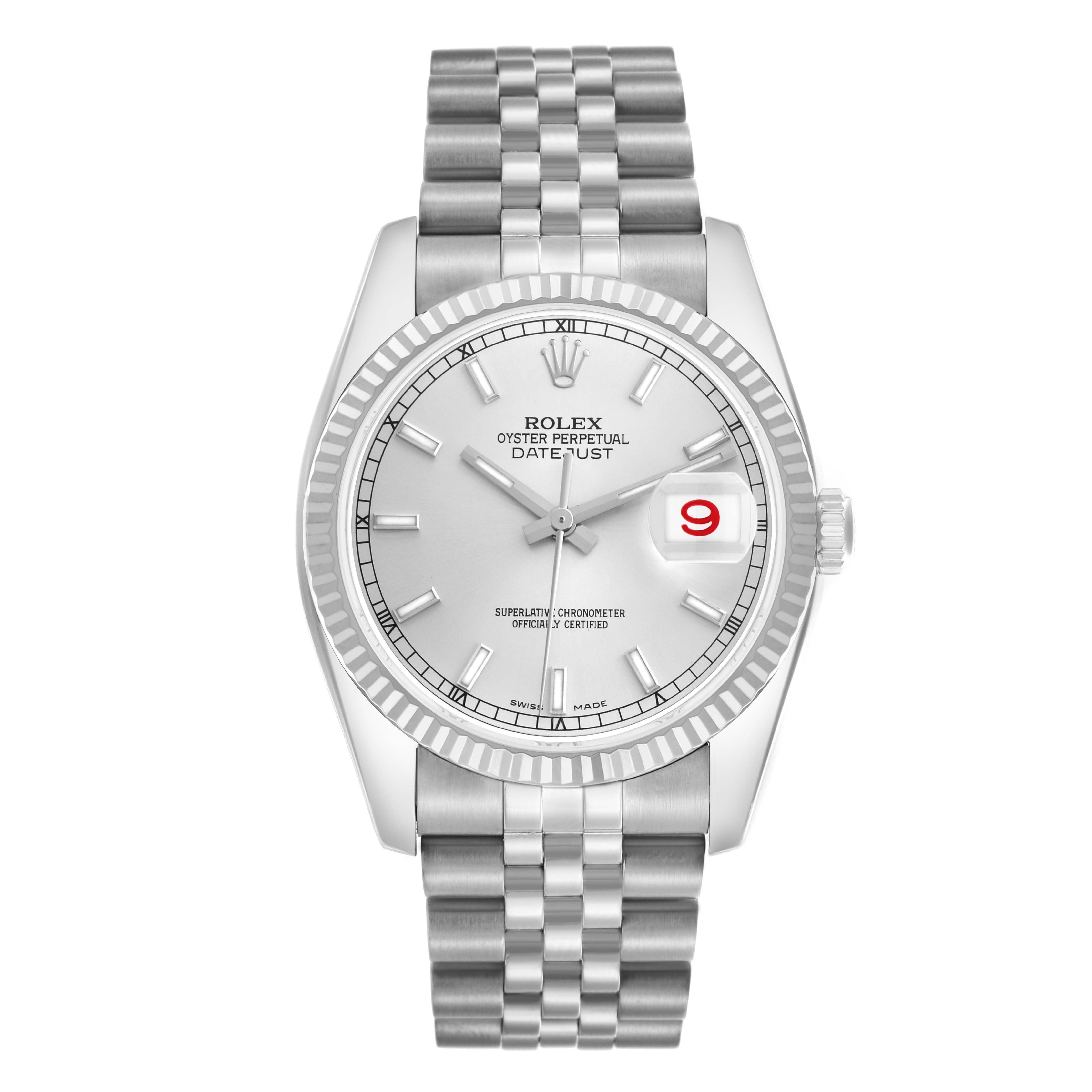 The Rolex Datejust 116234 Men
s Stainless Steel Silver Dial watch is shown from a top view, highlighting the dial, bezel, bracelet, and date feature.