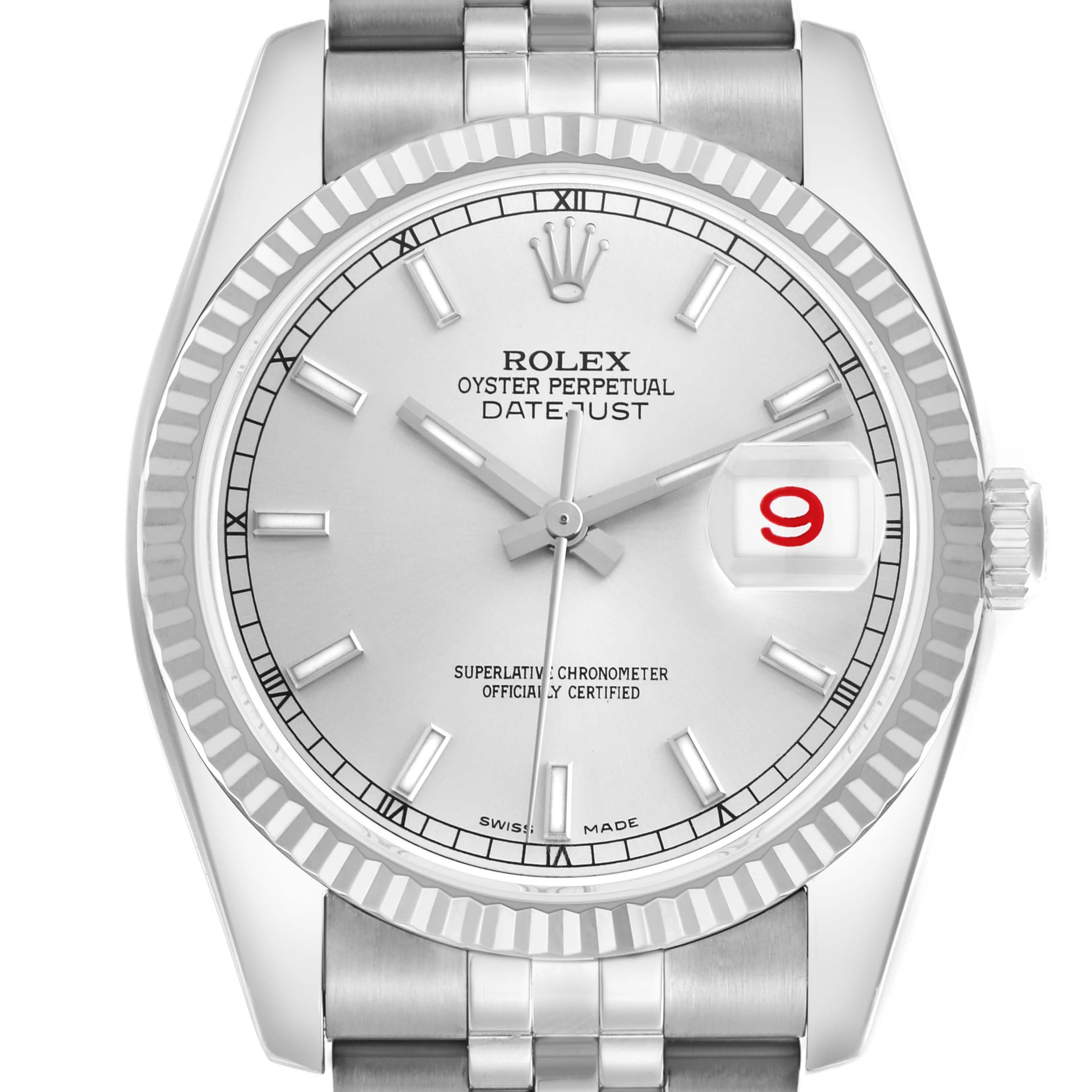 The Rolex Datejust 116234 Men
s Stainless Steel Silver Dial watch is shown from a front angle, highlighting the dial, hands, fluted bezel, and part of the bracelet.