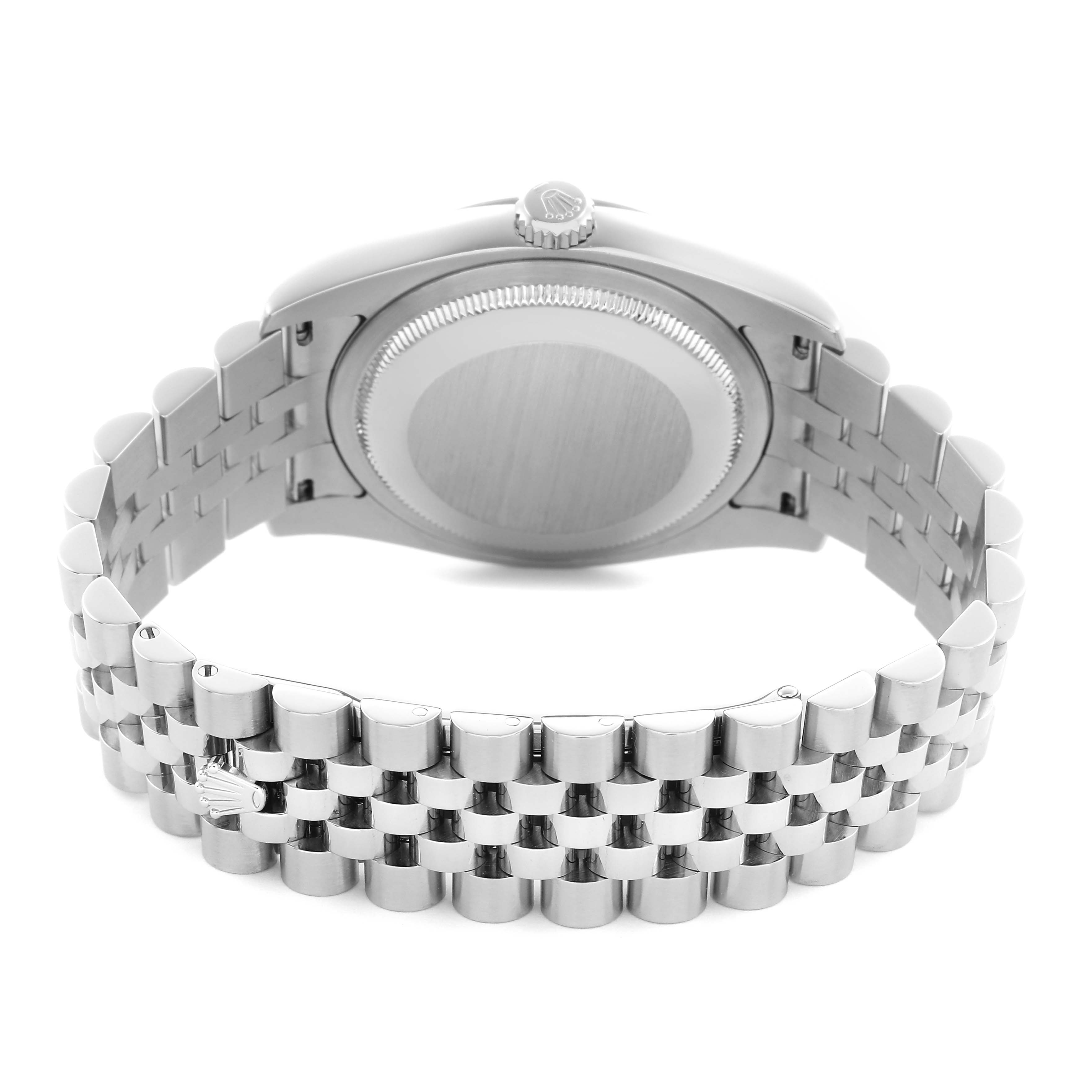 The image shows a Rolex Datejust 116234 Men
s Stainless Steel Silver Dial taken from the rear, highlighting the case back and metal bracelet.