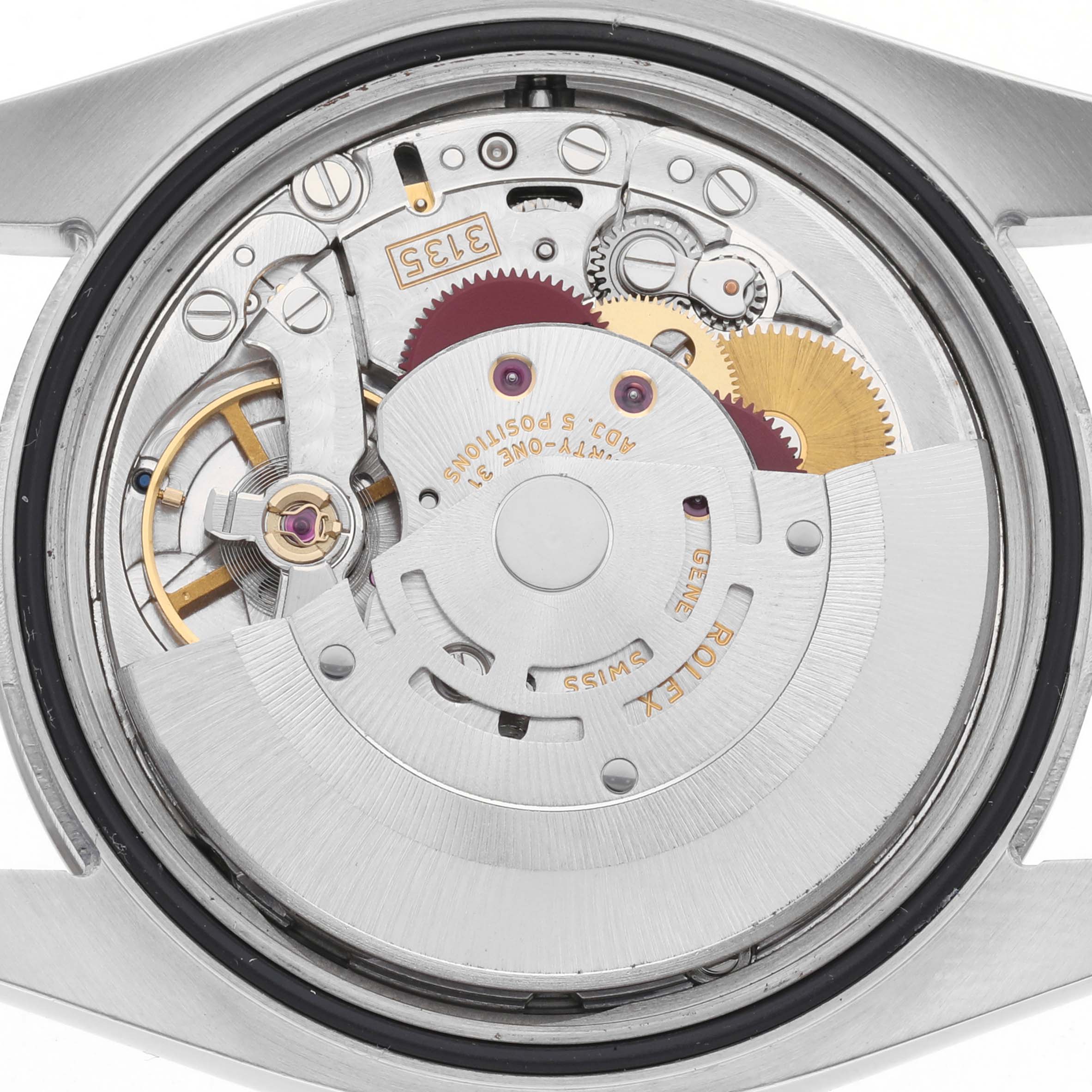 The image shows the movement of a Rolex Datejust 116234 Men
s Stainless Steel Silver Dial watch from the back, highlighting gears and components.