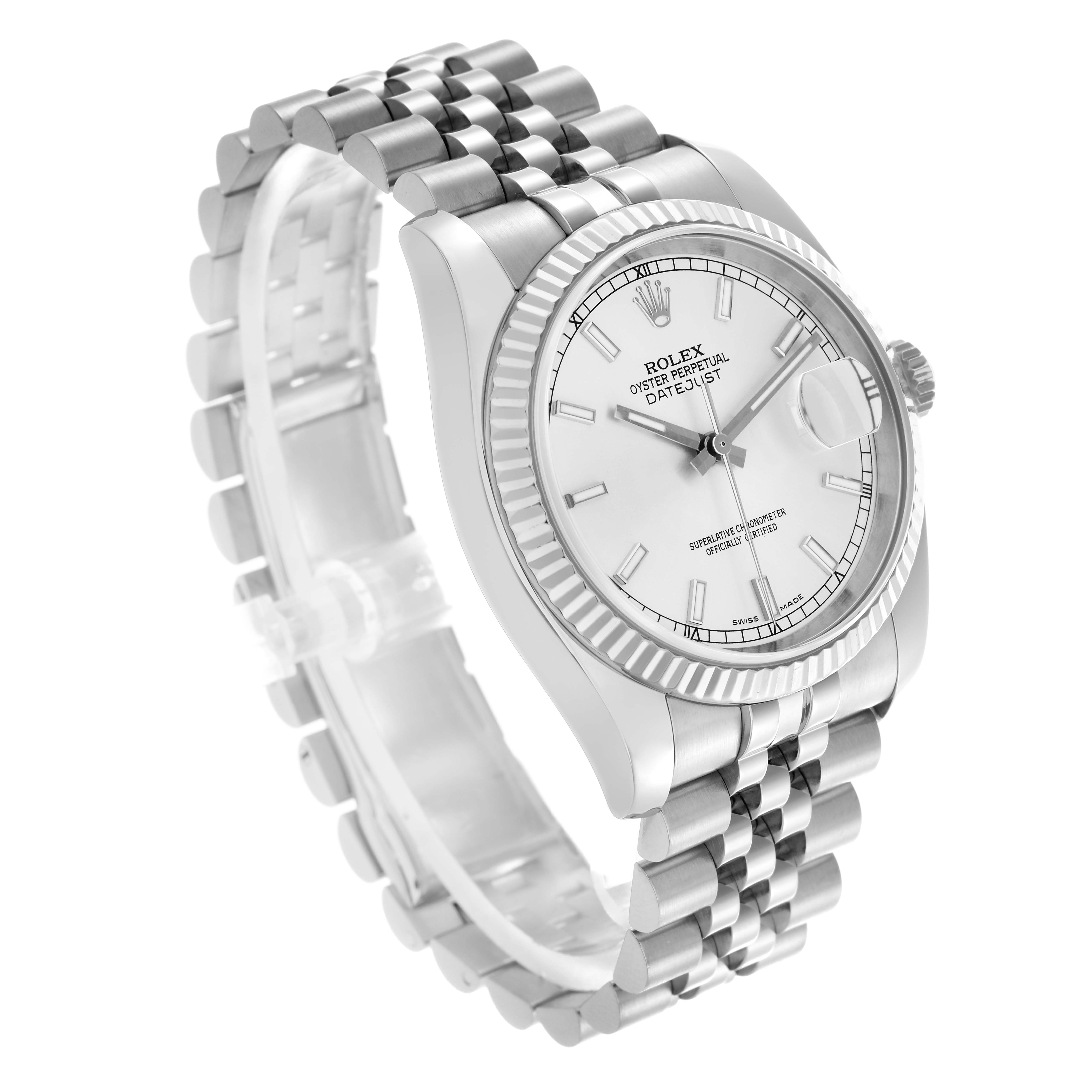 The Rolex Datejust 116234 Men
s Stainless Steel Silver Dial is shown at an angled view, highlighting the face, fluted bezel, and jubilee bracelet.