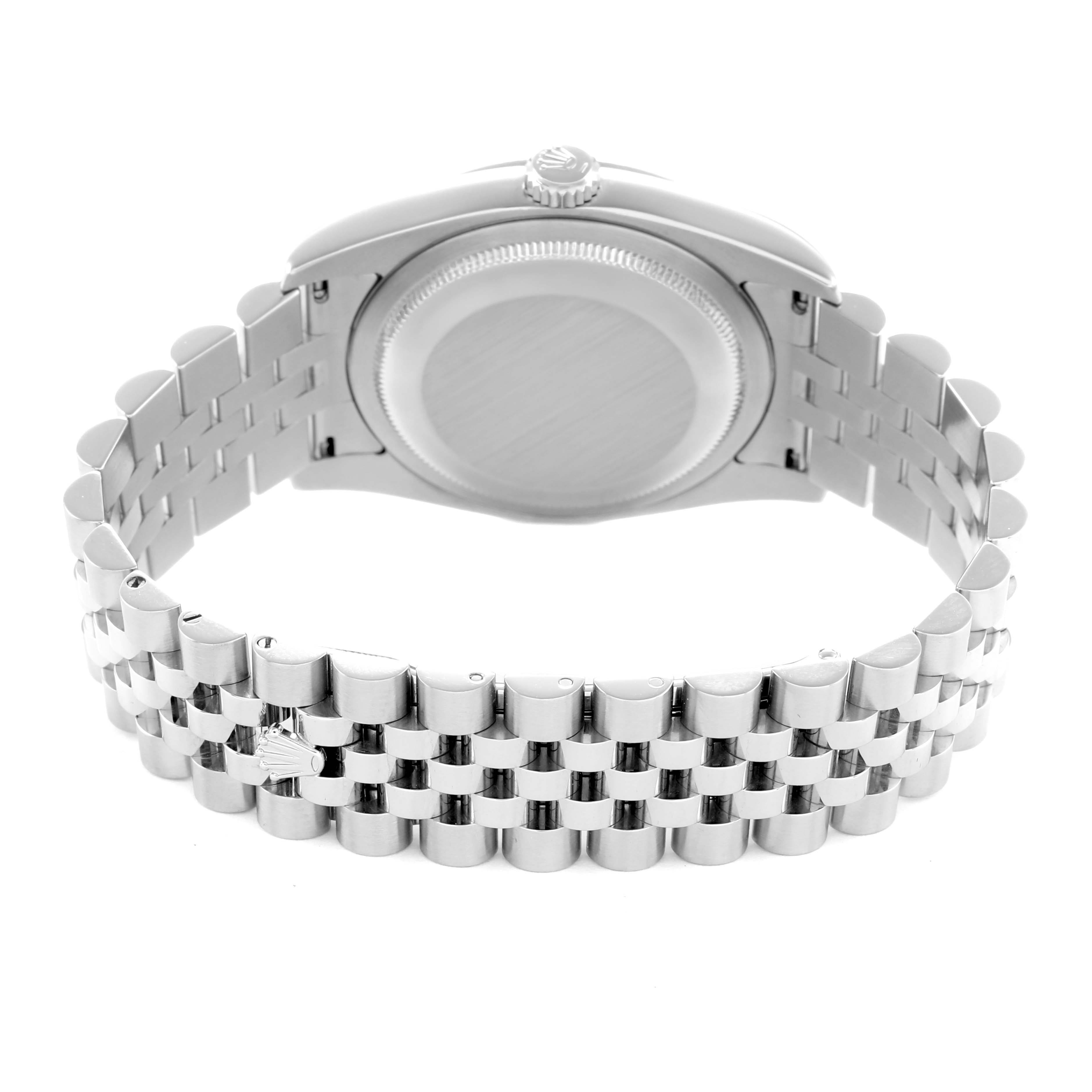 The image shows a Rolex Datejust 116234 Men
s Stainless Steel Silver Dial watch from the back, highlighting the case back and Jubilee bracelet in a semi-open position.