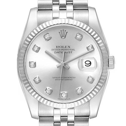 The Rolex Datejust 116234 Men's Stainless Steel Silver Dial watch is shown from a frontal angle, highlighting its dial, fluted bezel, and part of the bracelet.