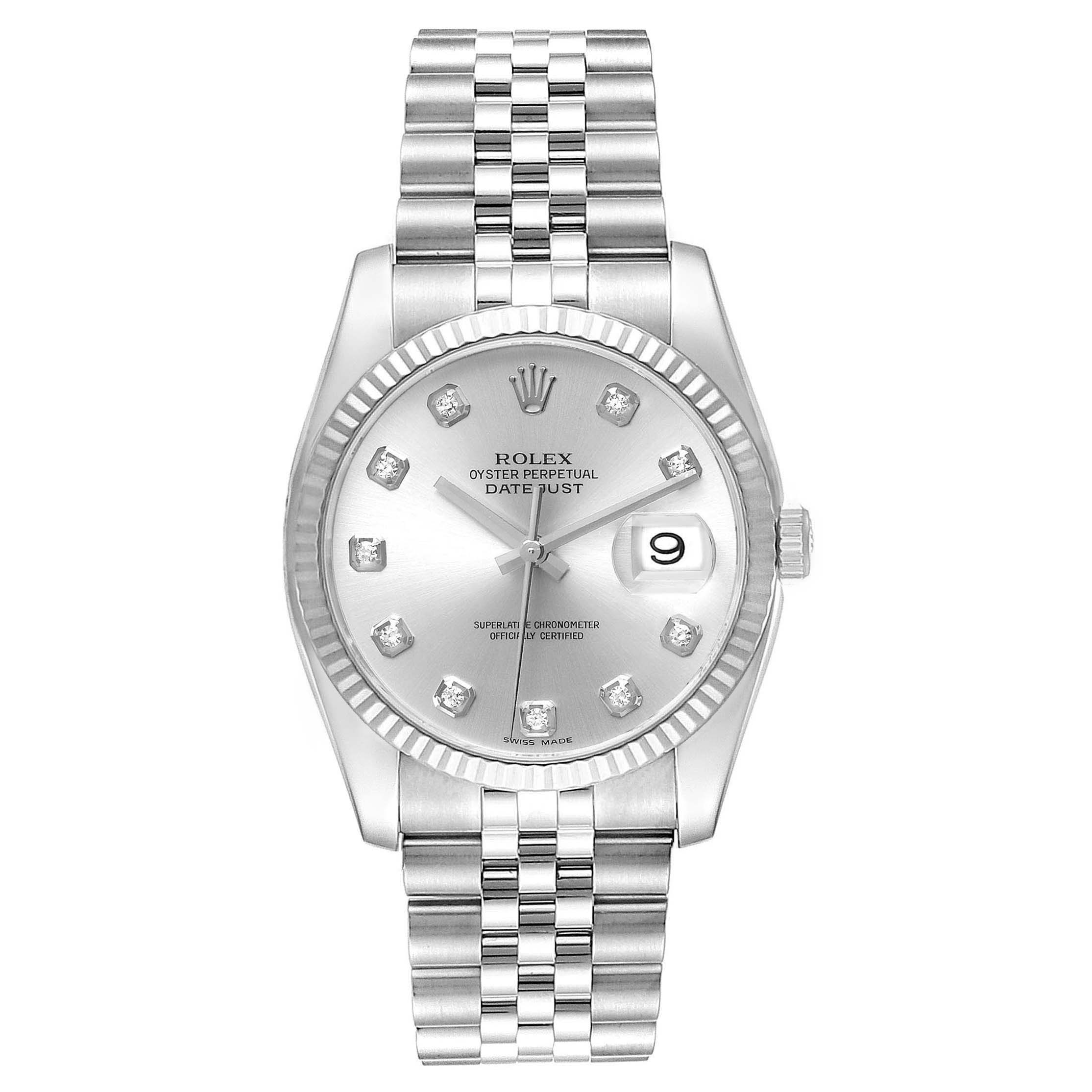 The Rolex Datejust 116234 Men
s Stainless Steel Silver Dial watch is shown from a top view, displaying the dial, bezel, and bracelet with clear detailing.
