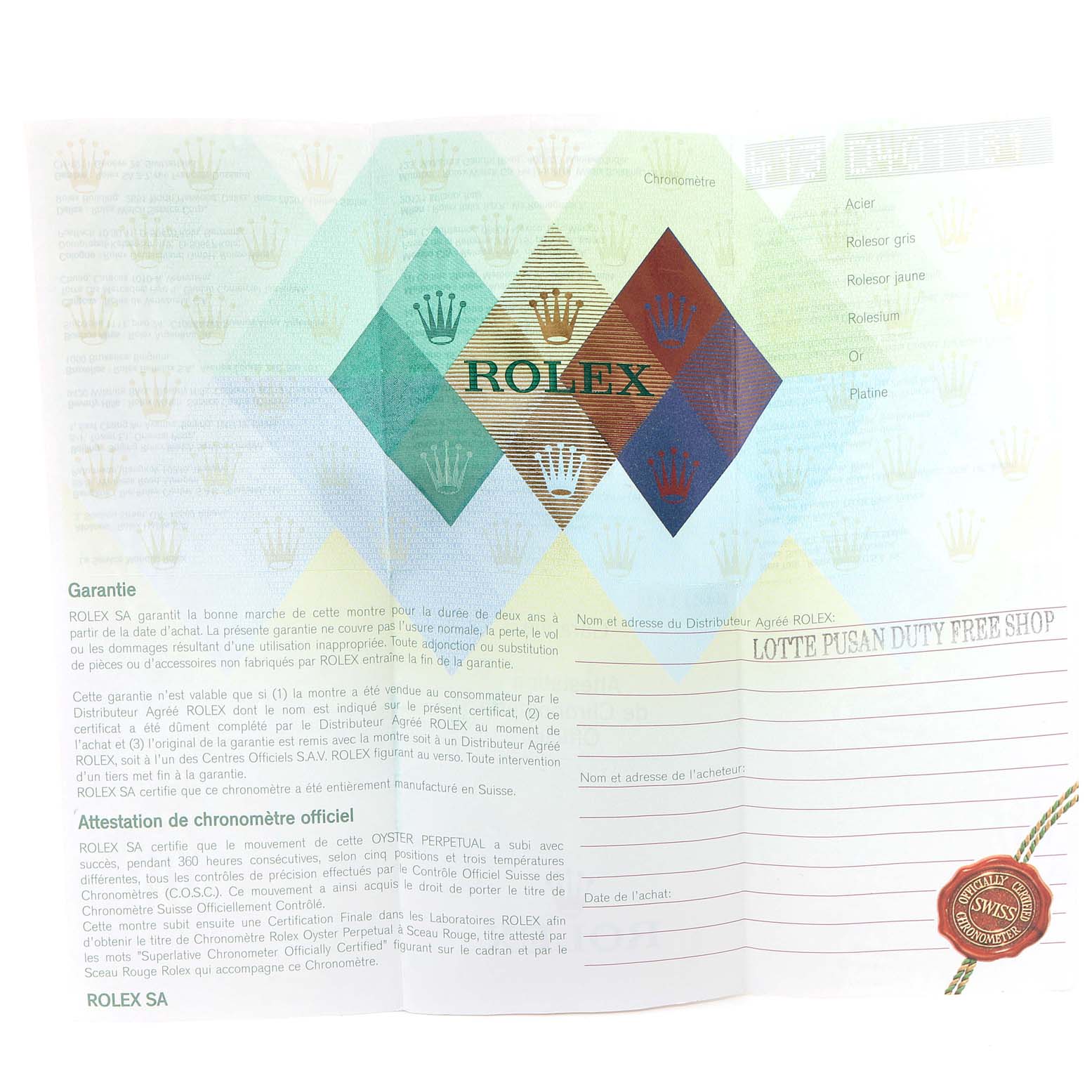 The image shows a Rolex Datejust 116234 Men
s Stainless Steel Silver Dial warranty certificate with text, logos, and a seal.