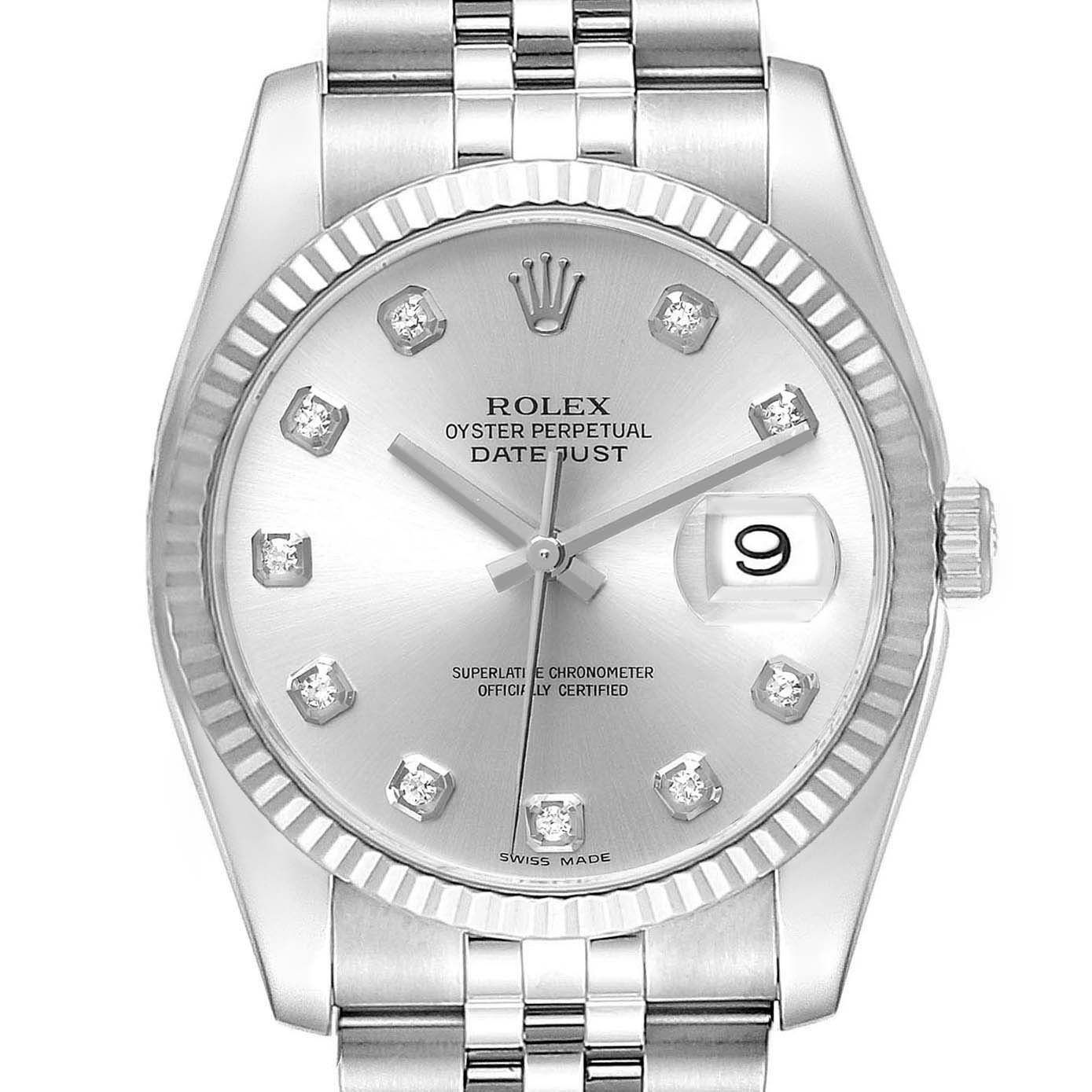 The Rolex Datejust 116234 Men
s Stainless Steel Silver Dial watch is shown from a front angle, highlighting the dial, hands, bezel, and a portion of the bracelet.