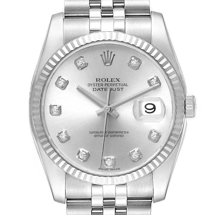The Rolex Datejust 116234 Men's Stainless Steel Silver Dial watch is shown from a front angle, highlighting the dial, hands, bezel, and a portion of the bracelet.