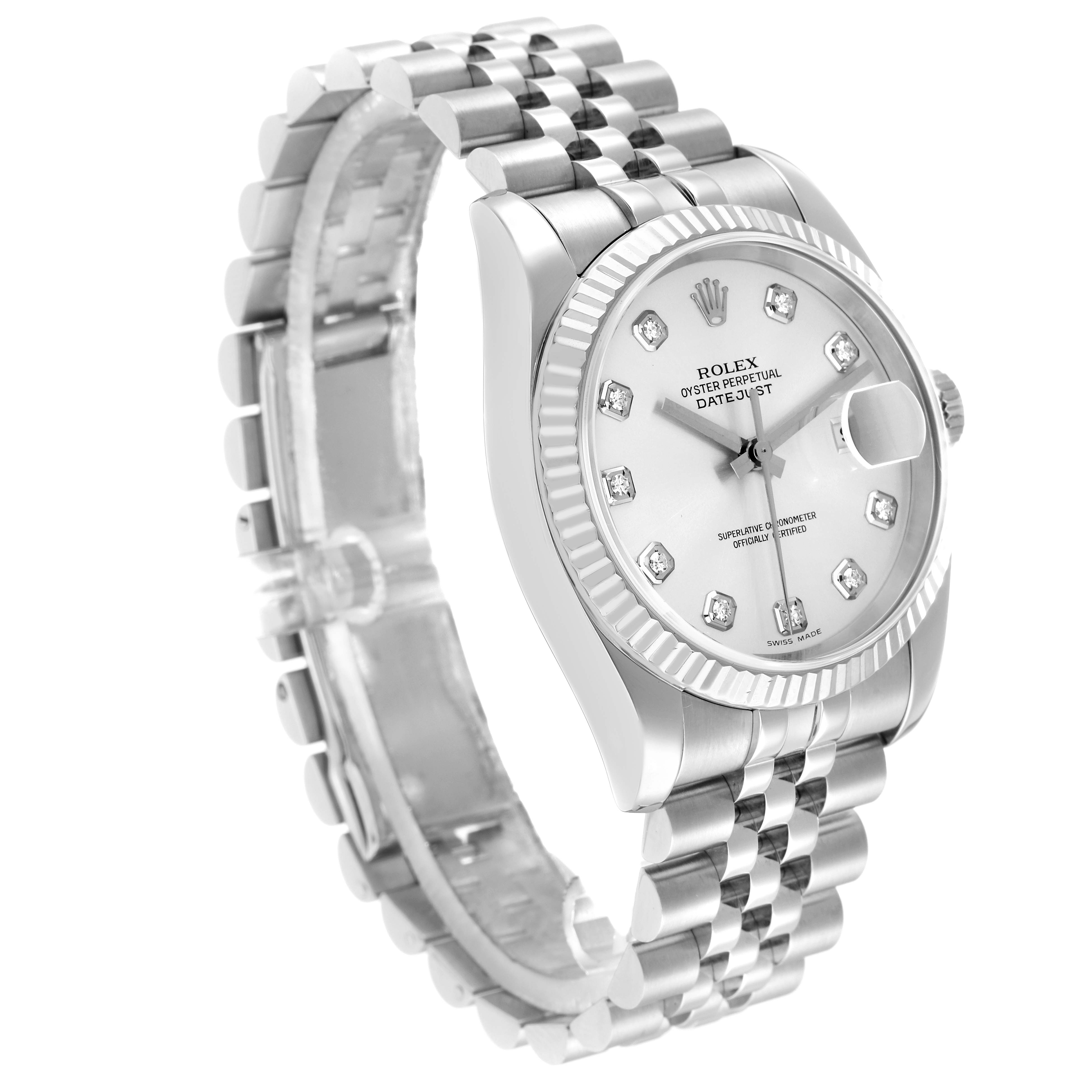 The Rolex Datejust 116234 Men
s Stainless Steel Silver Dial watch is shown at a slight angle, displaying the face, bezel, case, crown, and part of the bracelet.