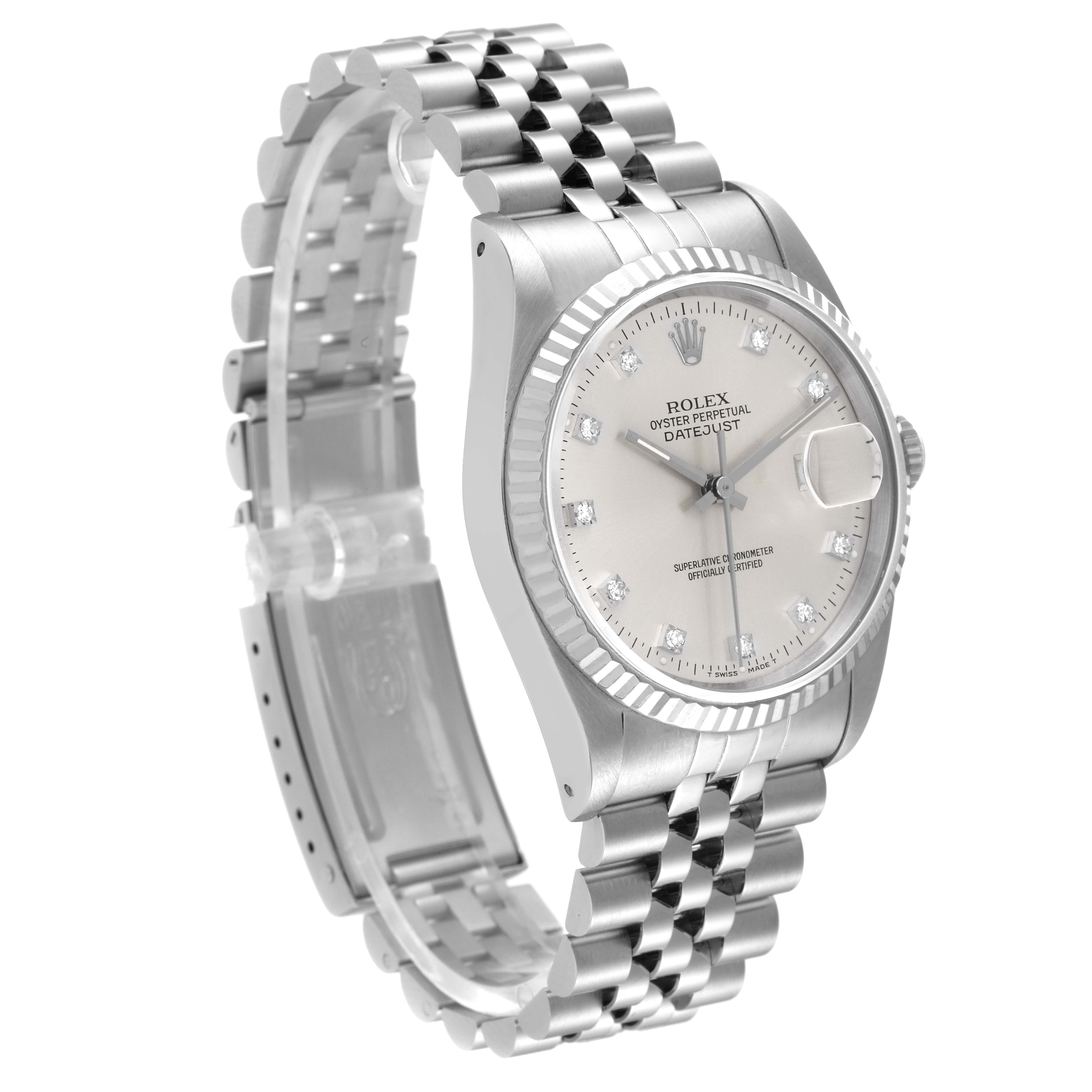 The Rolex Datejust 16234 Men's Stainless Steel Silver Dial 16234 Men's Stainless Steel Silver Dial watch is shown at an angled view highlighting the dial, bracelet, and clasp.