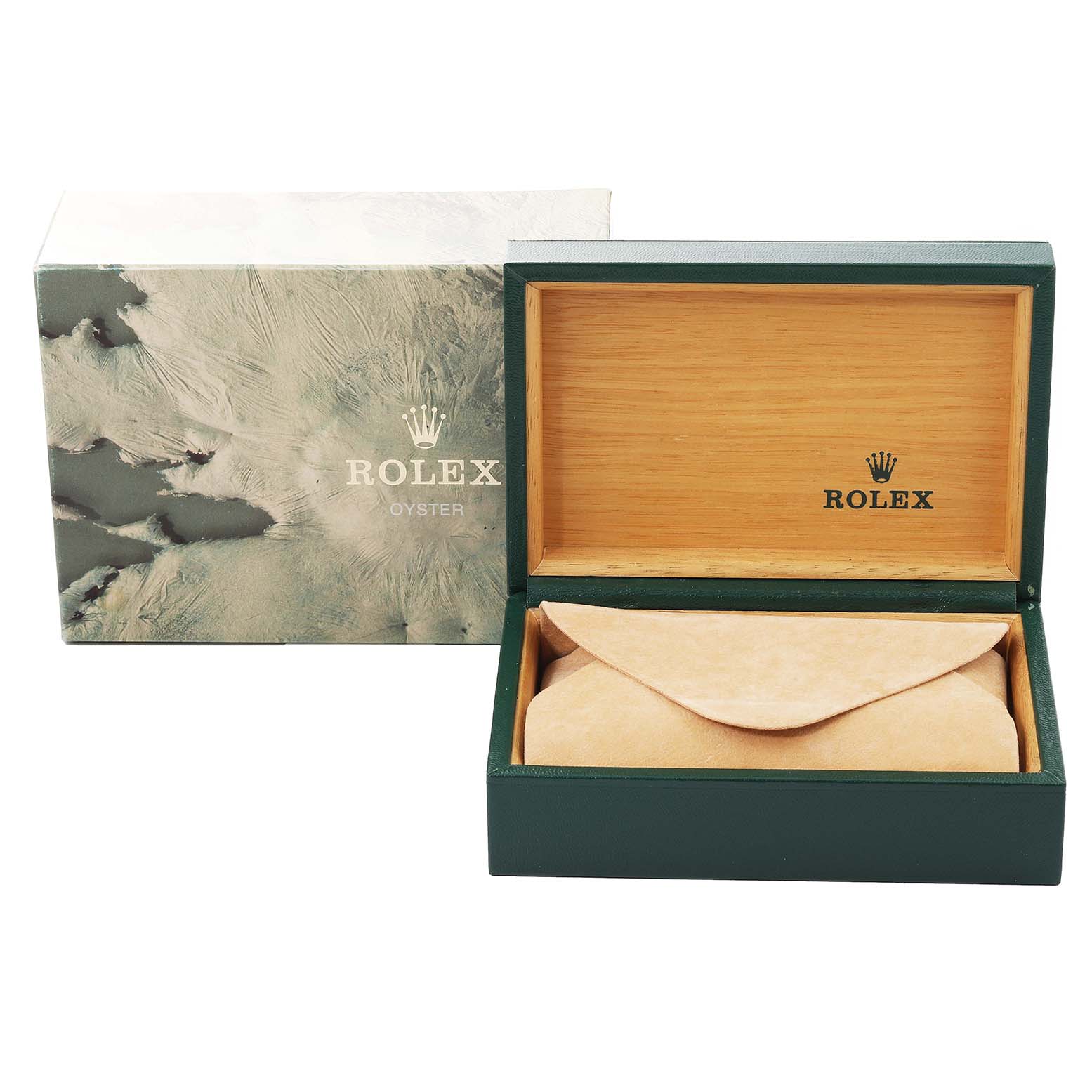 The image shows the packaging and box for the Rolex Datejust 16234 Men's Stainless Steel Silver Dial 16234 Men's Stainless Steel Silver Dial watch, with the box lid open and a pouch inside.