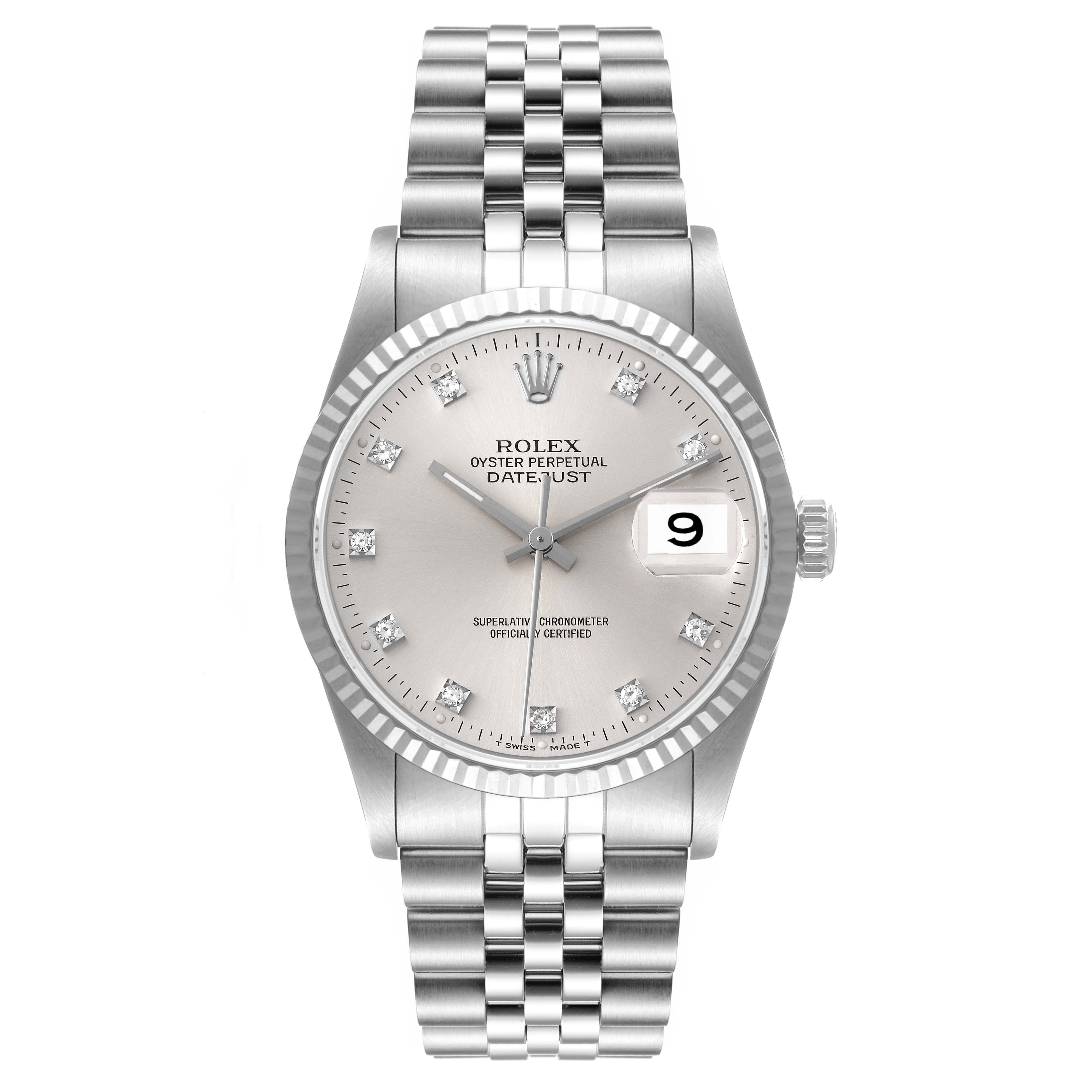 The image shows a front view of the Rolex Datejust 16234 Men's Stainless Steel Silver Dial 16234 Men's Stainless Steel Silver Dial watch, displaying its dial, fluted bezel, and Jubilee bracelet.