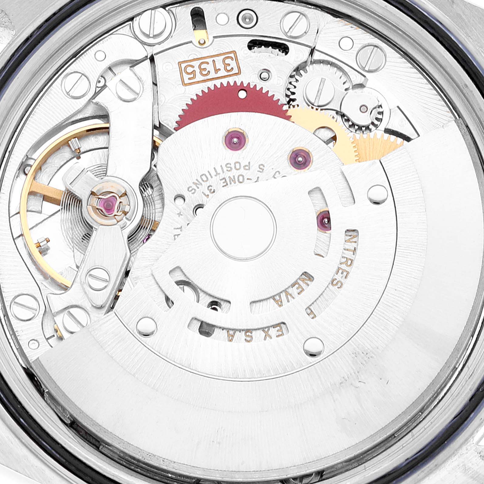 This image shows the interior mechanism of a Rolex Datejust 16234 Men's Stainless Steel Silver Dial 16234 Men's Stainless Steel Silver Dial watch, focusing on the movement and gears.