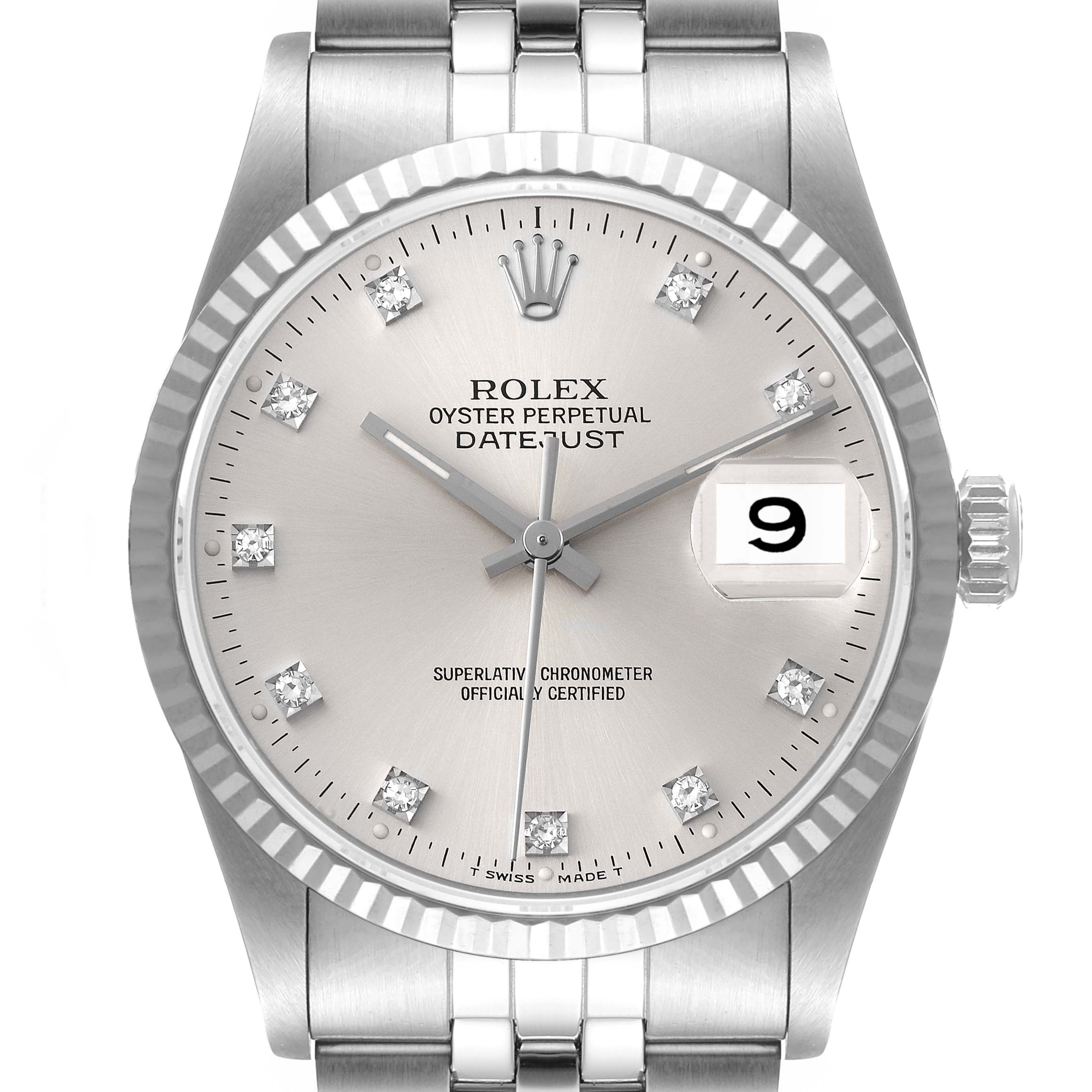 This image shows a front view of the Rolex Datejust 16234 Men's Stainless Steel Silver Dial 16234 Men's Stainless Steel Silver Dial watch, including the dial, hands, bezel, and bracelet links.