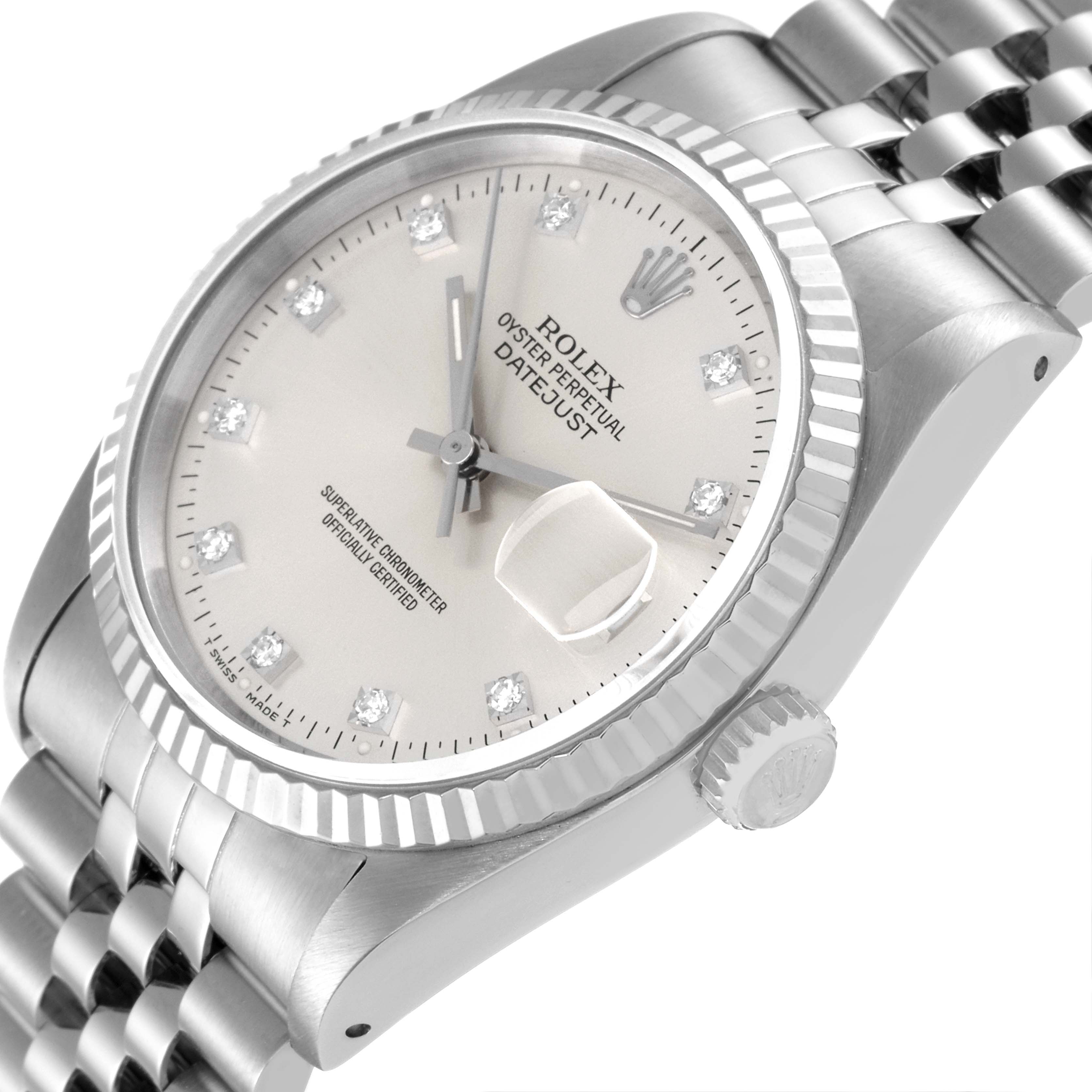 The image shows a close-up angled view of the Rolex Datejust 16234 Men's Stainless Steel Silver Dial 16234 Men's Stainless Steel Silver Dial watch, highlighting the face, bracelet, and crown.