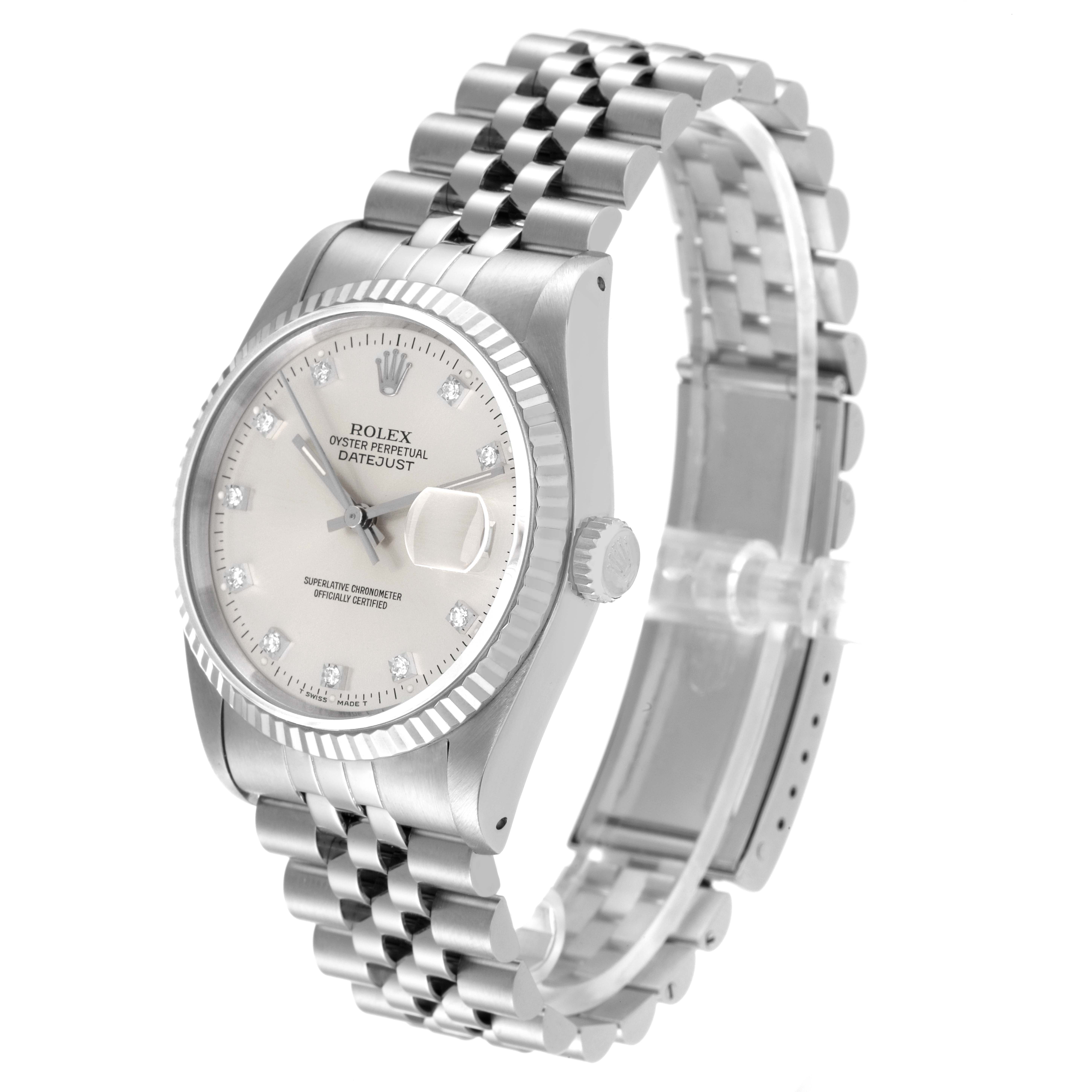 This Rolex Datejust 16234 Men's Stainless Steel Silver Dial 16234 Men's Stainless Steel Silver Dial watch is shown at an angle displaying the face, bracelet, and crown.