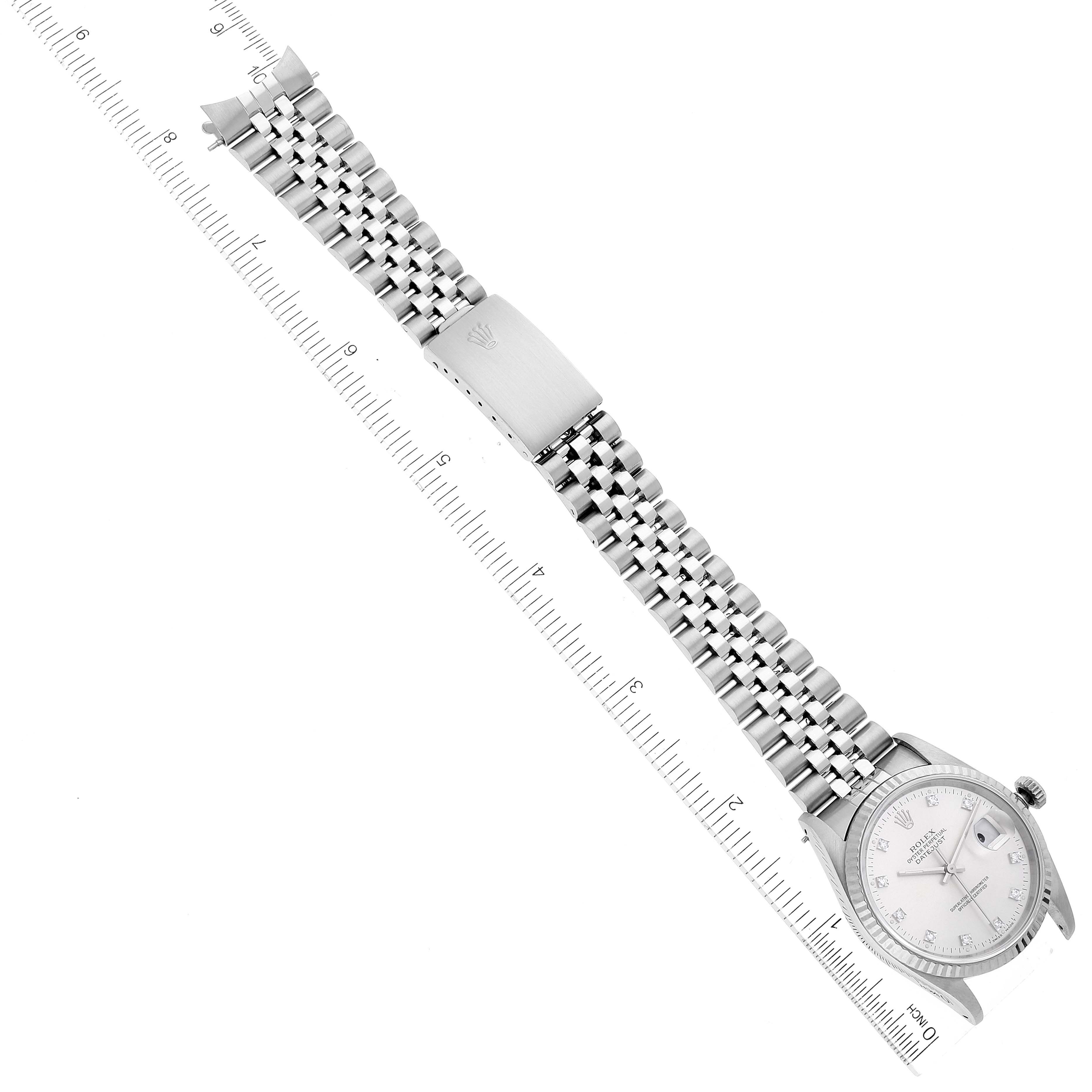 The image shows a Rolex Datejust 16234 Men's Stainless Steel Silver Dial 16234 Men's Stainless Steel Silver Dial watch from a top-down angle, highlighting its bracelet and clasp.