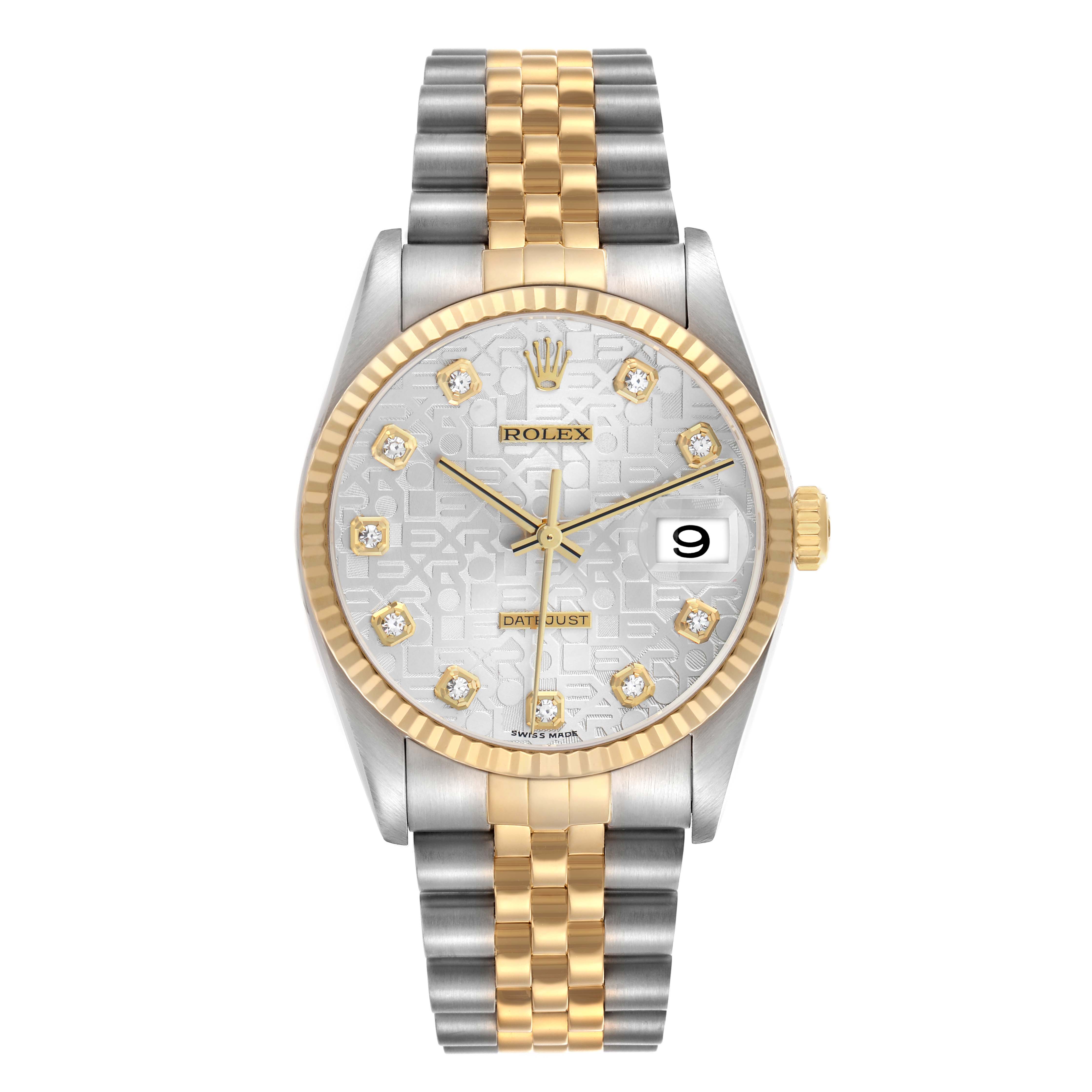 The Rolex Datejust 16233 Men
s Steel and Gold (two tone) Silver Dial watch is shown from a front view, highlighting its two-tone bracelet, gold bezel, and diamond markers.