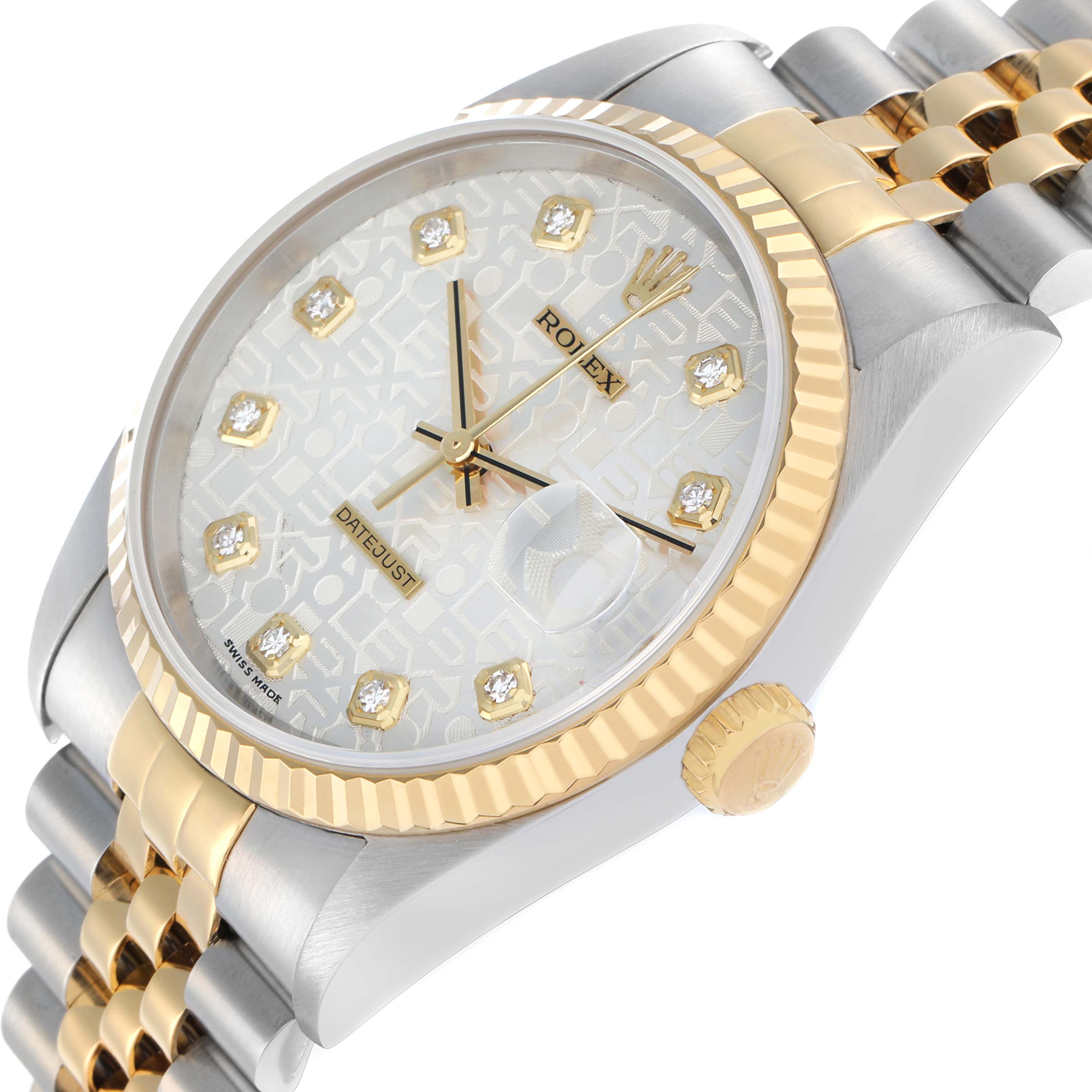 The Rolex Datejust 16233 Men
s Steel and Gold (two tone) Silver Dial watch is shown at a tilted angle, highlighting the dial, fluted bezel, and jubilee bracelet.