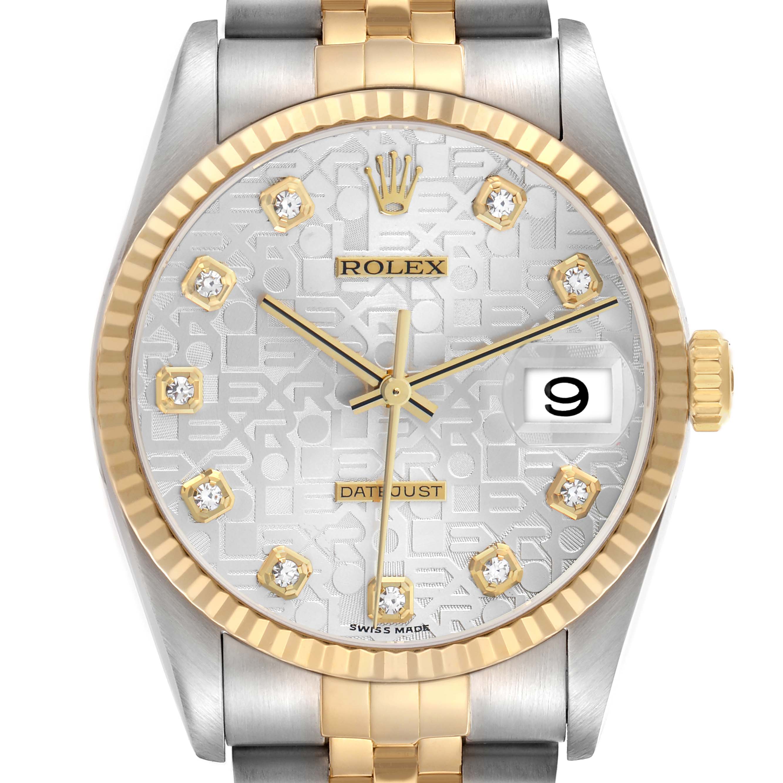The Rolex Datejust 16233 Men
s Steel and Gold (two tone) Silver Dial watch is shown from a front view, highlighting its dial, bezel, crown, and part of the bracelet.