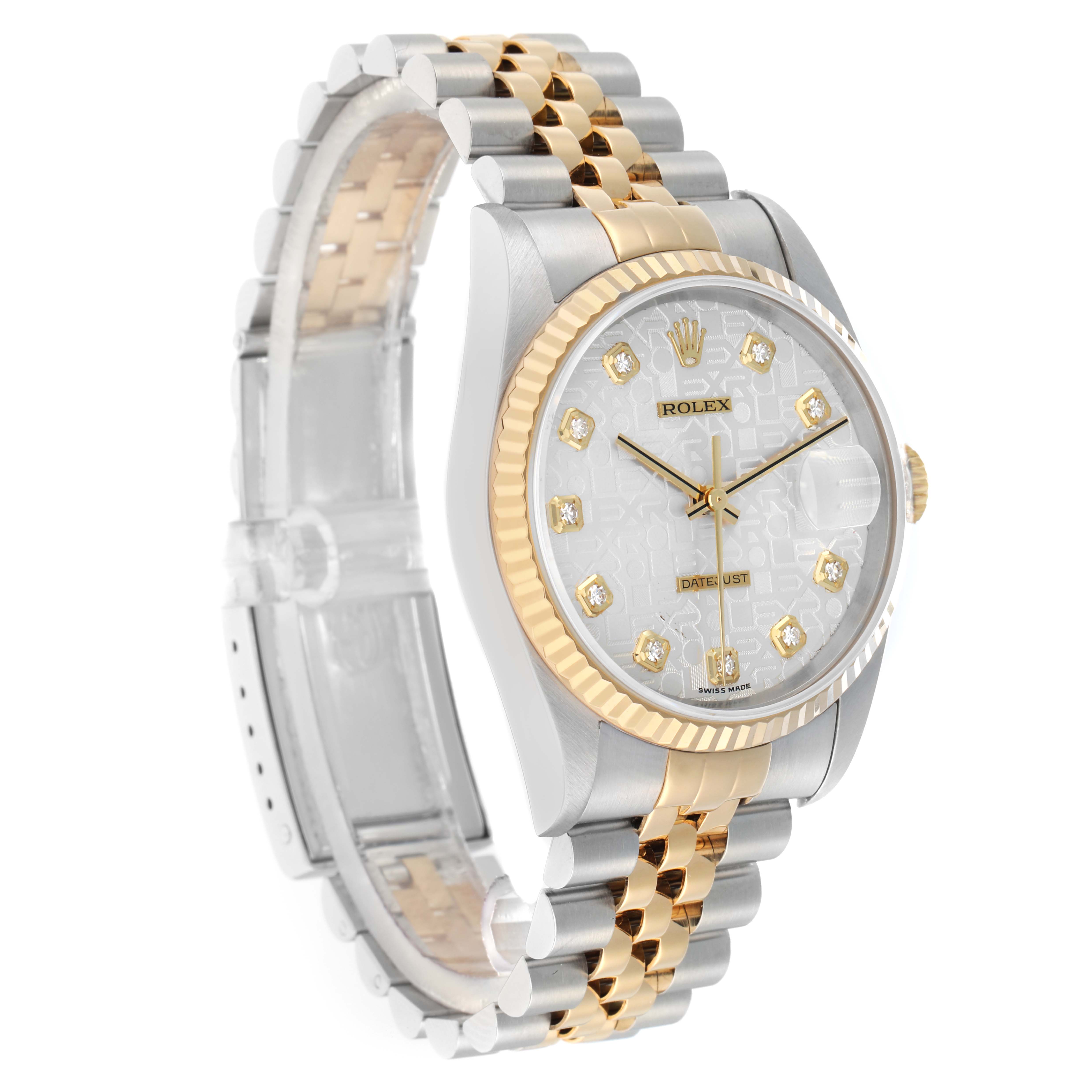 The Rolex Datejust 16233 Men
s Steel and Gold (two tone) Silver Dial watch is shown at a three-quarter angle, highlighting its bezel, dial, and two-tone bracelet.