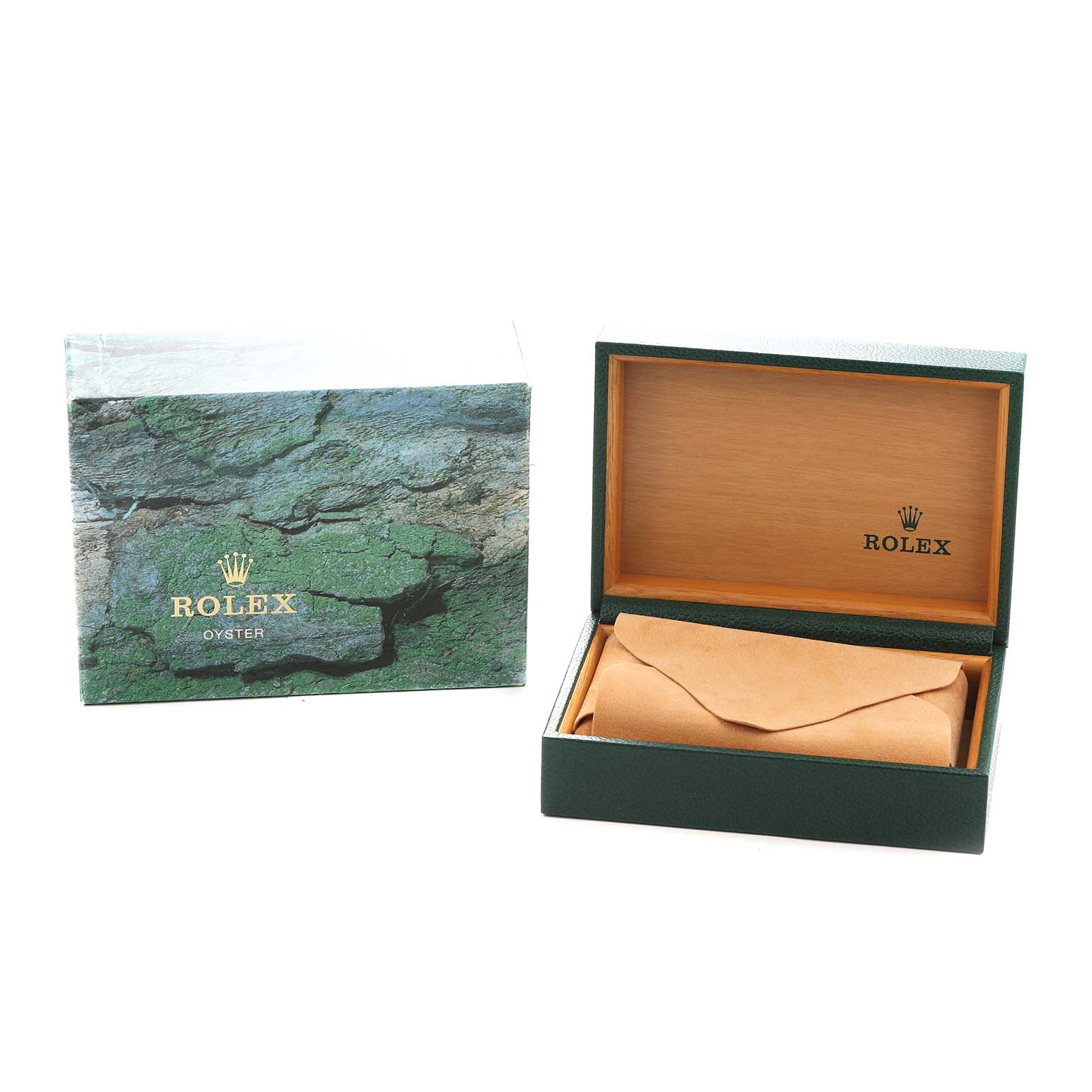 The image shows a Rolex Datejust 16233 Men
s Steel and Gold (two tone) Silver Dial box and packaging at a three-quarter angle, displaying both open and closed positions.