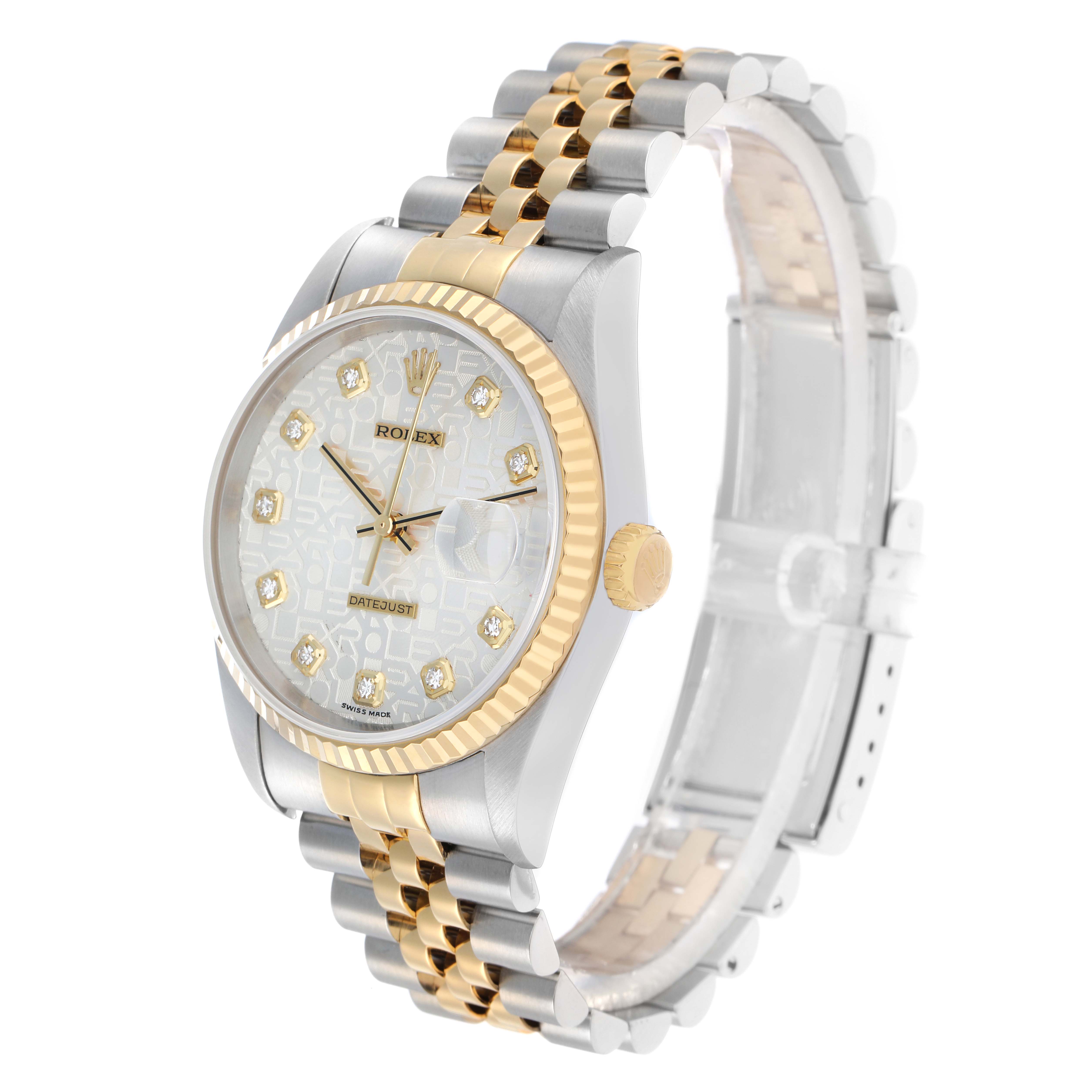 The Rolex Datejust 16233 Men
s Steel and Gold (two tone) Silver Dial watch is shown at a three-quarter angle, displaying the face, bezel, crown, and two-tone bracelet.