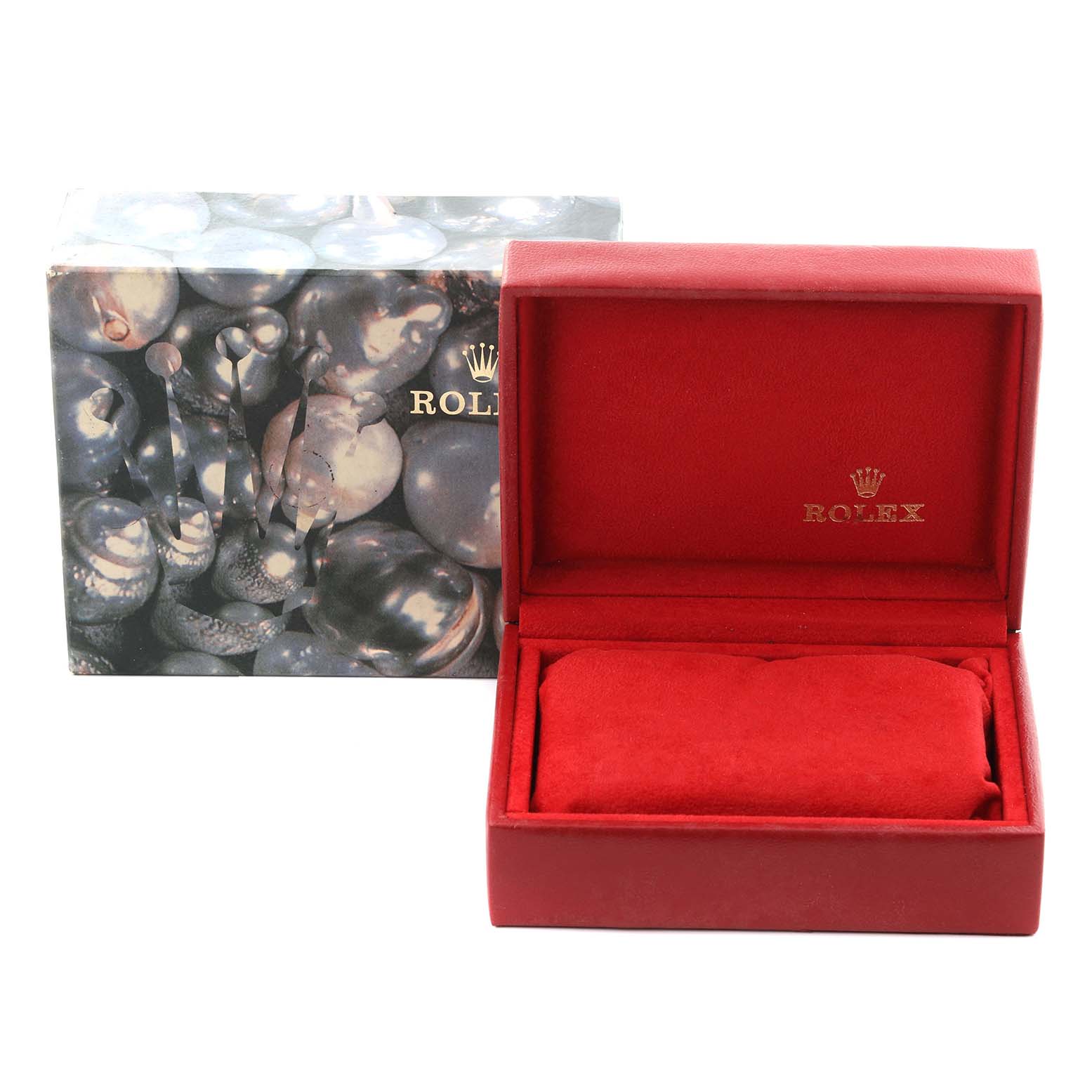 The image shows a Rolex Datejust 79173 Women's Steel and Gold (two tone) Champagne Dial 79173 Women's Steel and Gold (two tone) Champagne Dial watch box, opened to reveal the red interior.