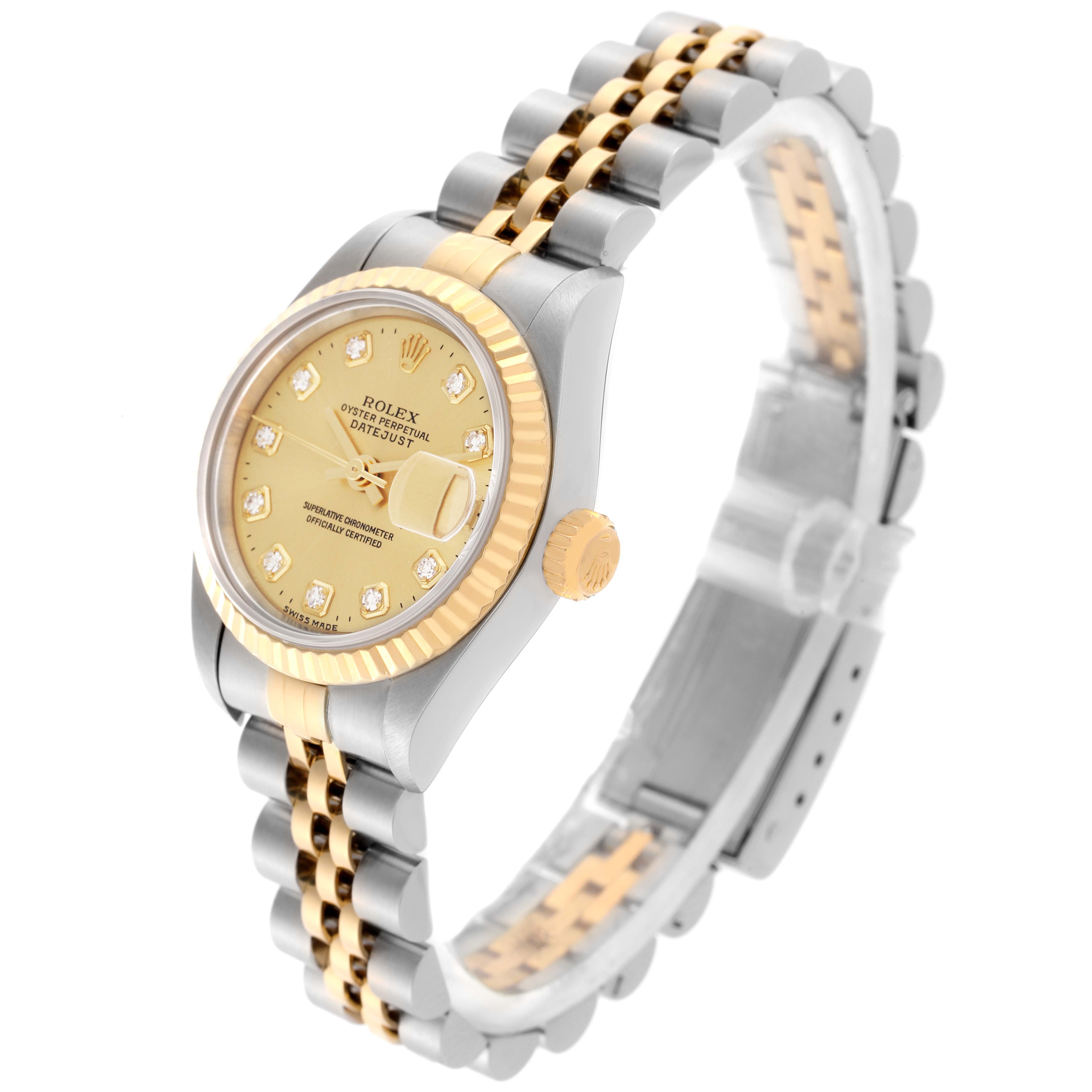 The Rolex Datejust 79173 Women's Steel and Gold (two tone) Champagne Dial 79173 Women's Steel and Gold (two tone) Champagne Dial watch is shown at a three-quarter angle displaying the face, bezel, crown, and bracelet.