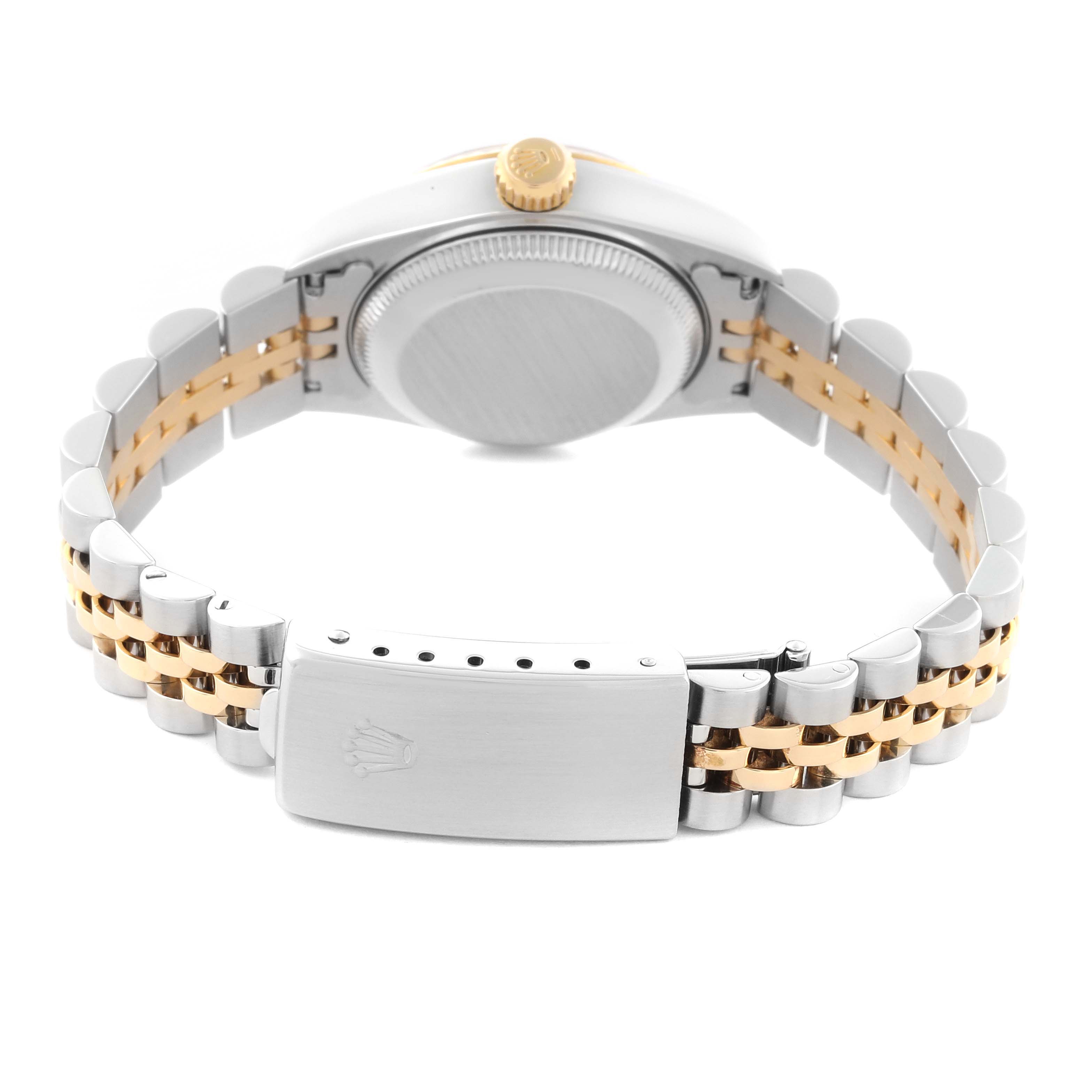 The Rolex Datejust 79173 Women's Steel and Gold (two tone) Champagne Dial 79173 Women's Steel and Gold (two tone) Champagne Dial watch is shown from the back, highlighting the bracelet and clasp.
