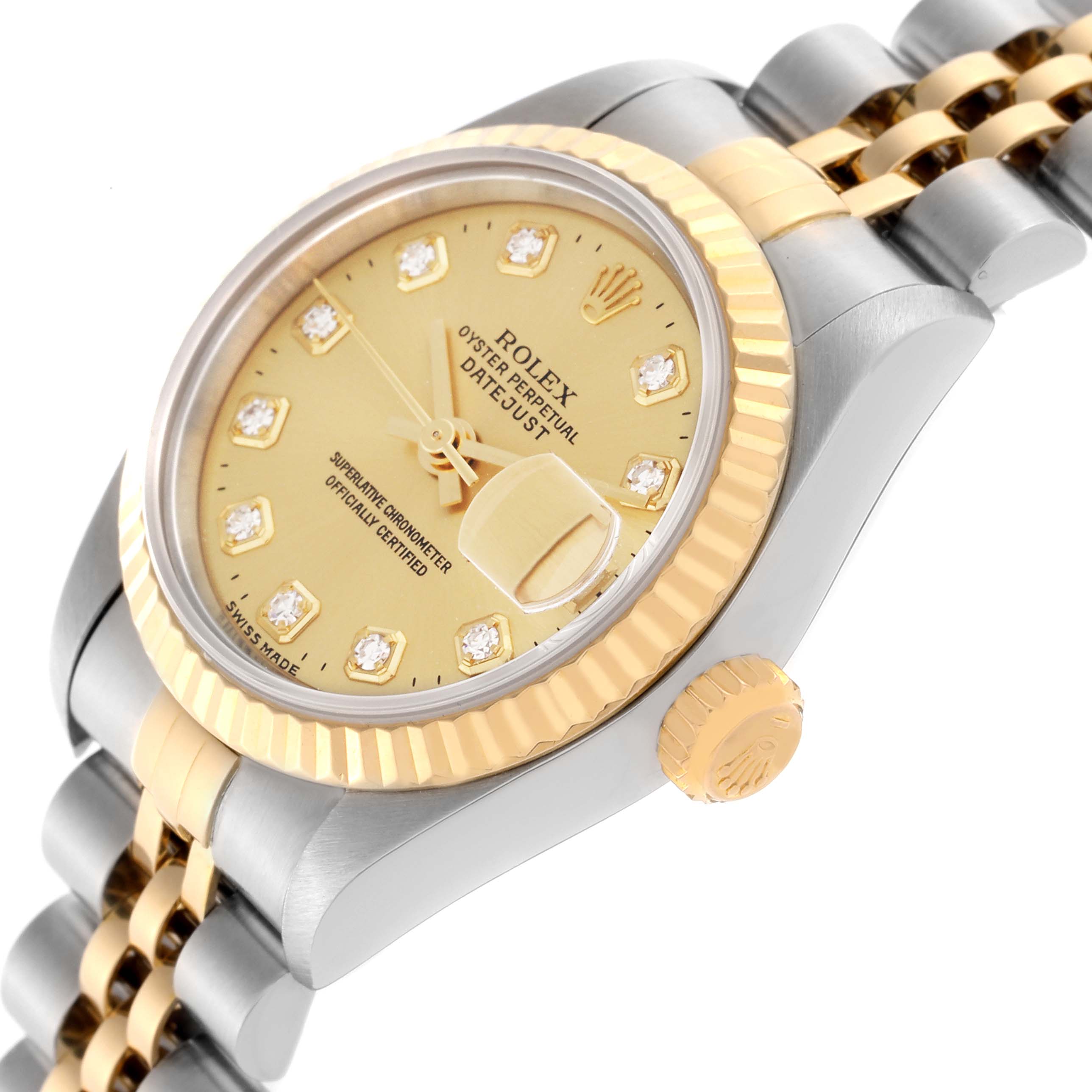The Rolex Datejust 79173 Women's Steel and Gold (two tone) Champagne Dial 79173 Women's Steel and Gold (two tone) Champagne Dial is shown at a slight angle, highlighting the dial, bezel, crown, and part of the bracelet.