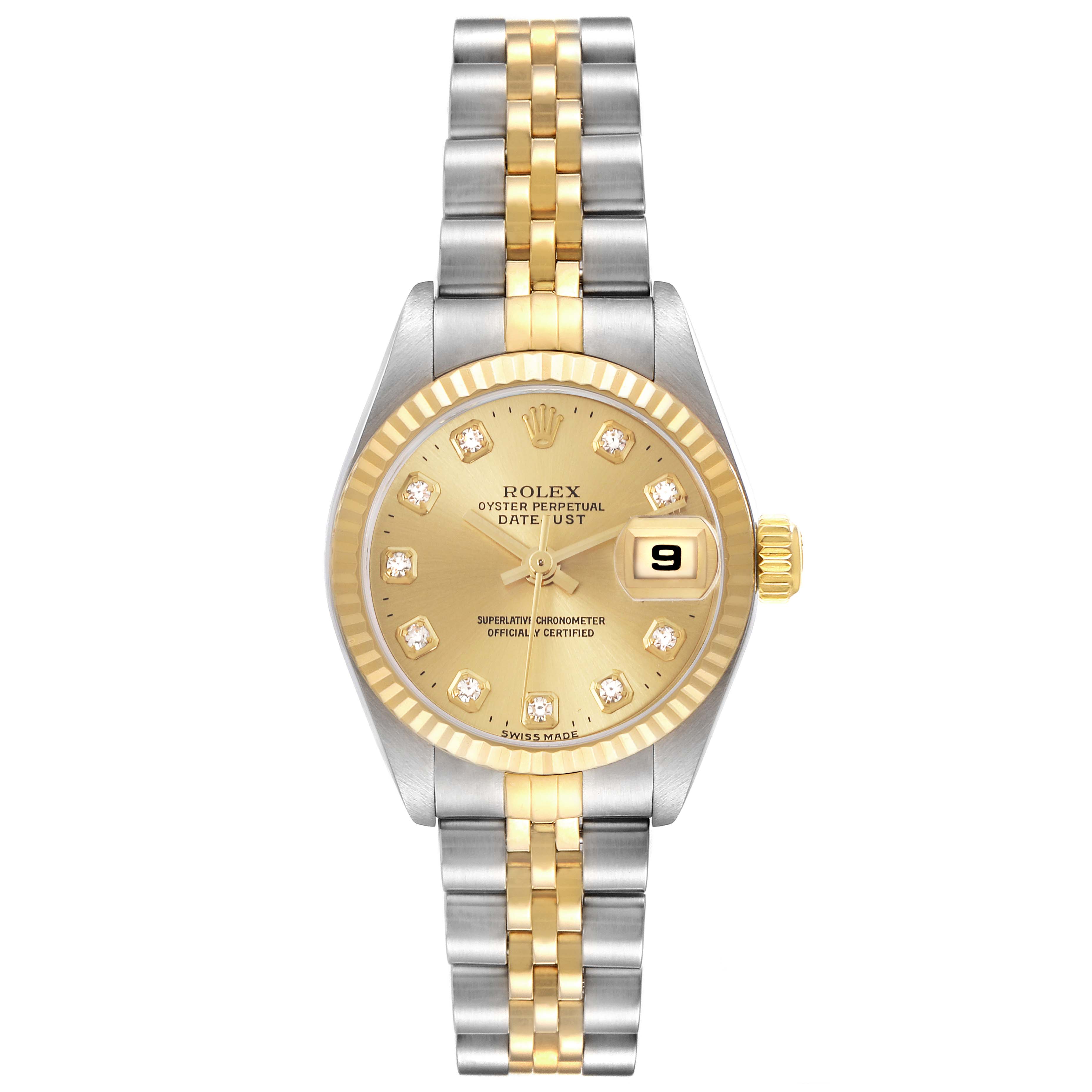 The Rolex Datejust 79173 Women's Steel and Gold (two tone) Champagne Dial 79173 Women's Steel and Gold (two tone) Champagne Dial watch is shown from the front, displaying the dial, bezel, bracelet, and date window.