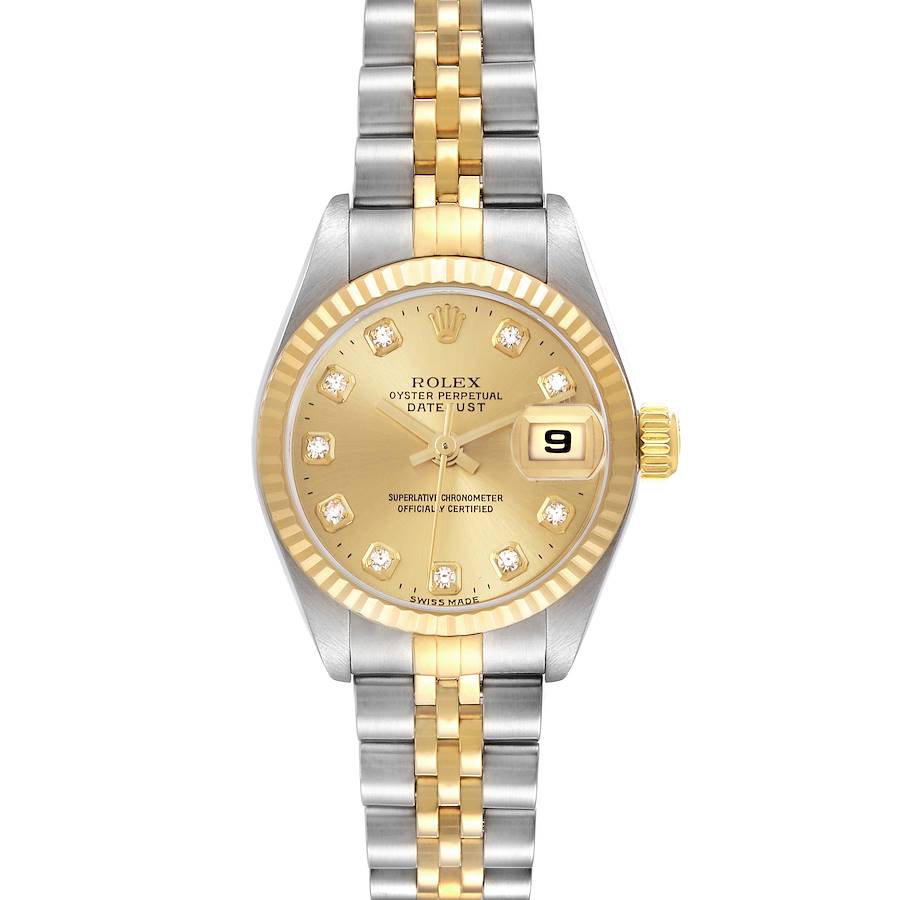 The Rolex Datejust watch is shown from a top-down angle, highlighting its dial, bezel, bracelet, and crown.