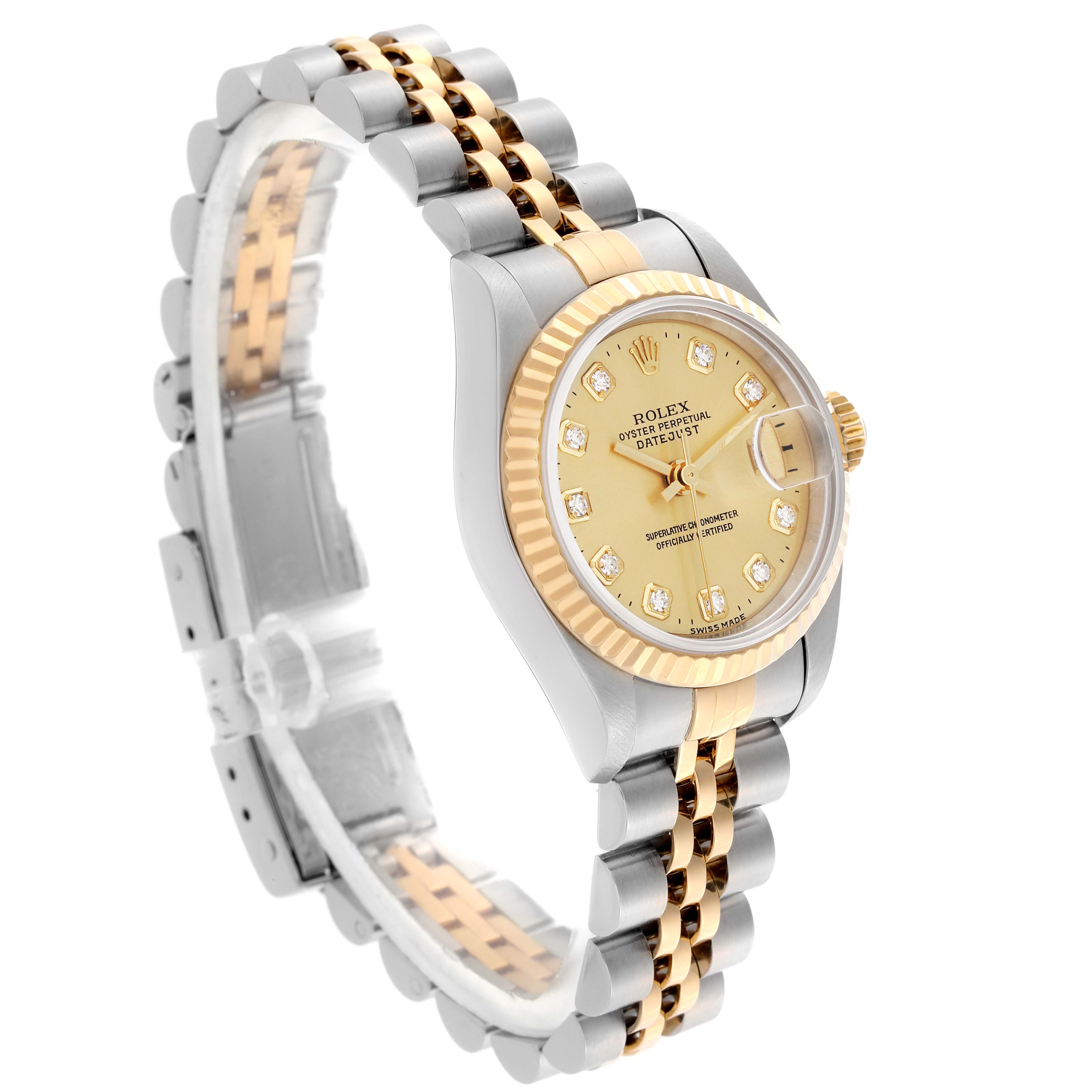The Rolex Datejust 79173 Women's Steel and Gold (two tone) Champagne Dial 79173 Women's Steel and Gold (two tone) Champagne Dial is shown at a slight angle, highlighting the dial, bracelet, and side of the bezel.