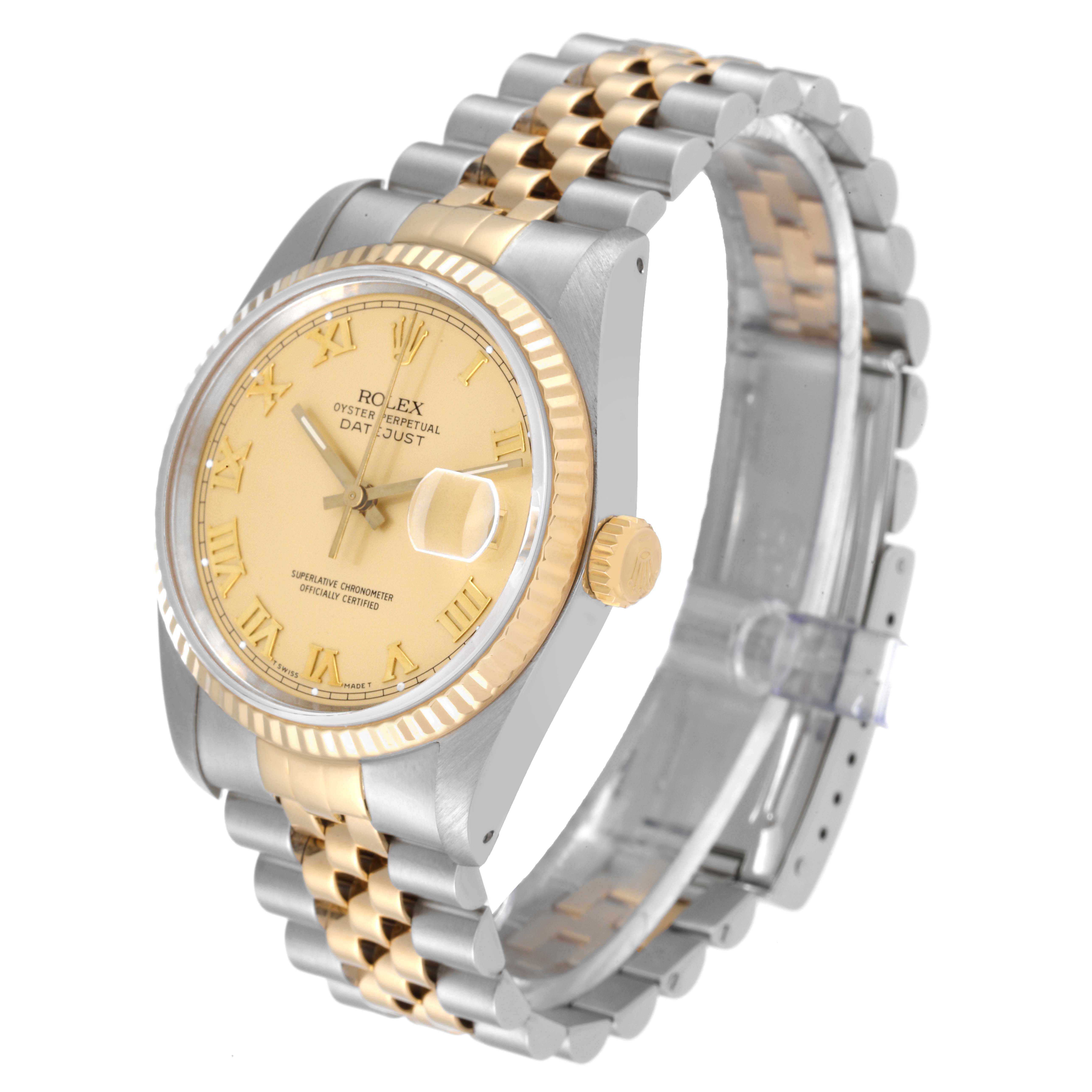 The image shows the Rolex Datejust 16233 Men's Steel and Gold (two tone) Champagne Dial 16233 Men's Steel and Gold (two tone) Champagne Dial watch at a three-quarter angle, highlighting its face, bezel, crown, and two-tone bracelet.