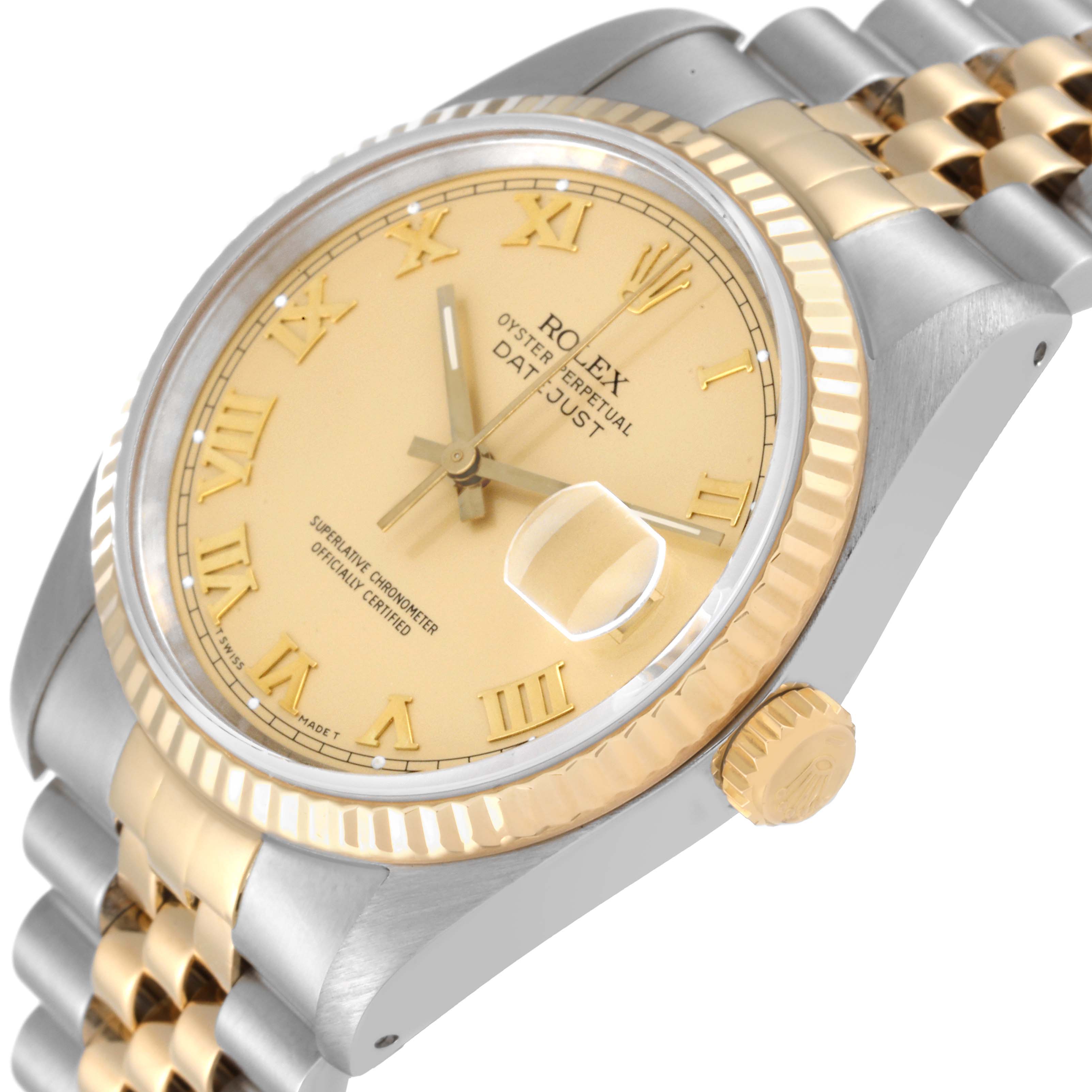 The image shows a close-up, angled view of the Rolex Datejust 16233 Men's Steel and Gold (two tone) Champagne Dial 16233 Men's Steel and Gold (two tone) Champagne Dial watch, highlighting its dial, bezel, and crown.