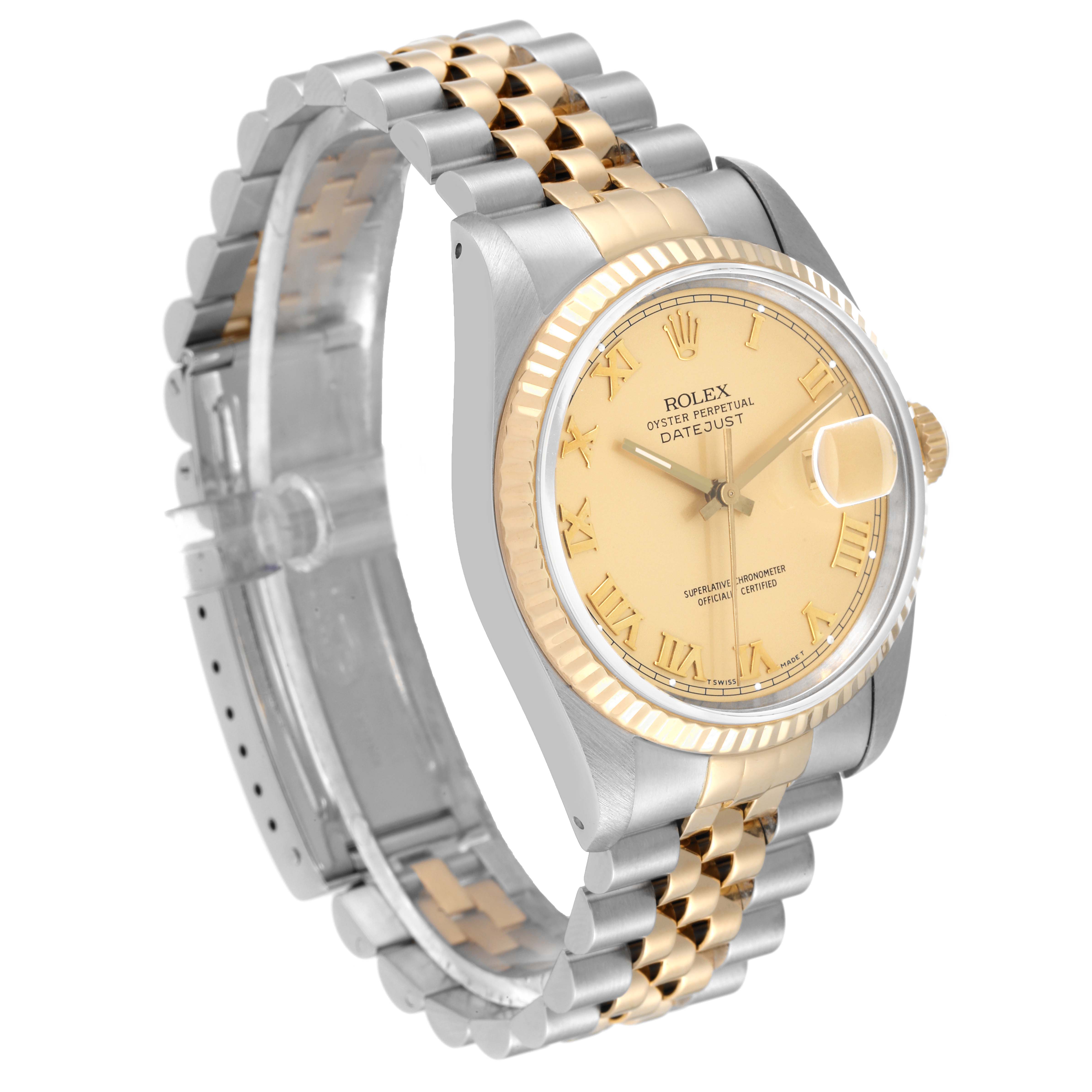The Rolex Datejust 16233 Men's Steel and Gold (two tone) Champagne Dial 16233 Men's Steel and Gold (two tone) Champagne Dial watch is shown at a 3/4 angle, displaying the face, bezel, crown, and two-tone bracelet.
