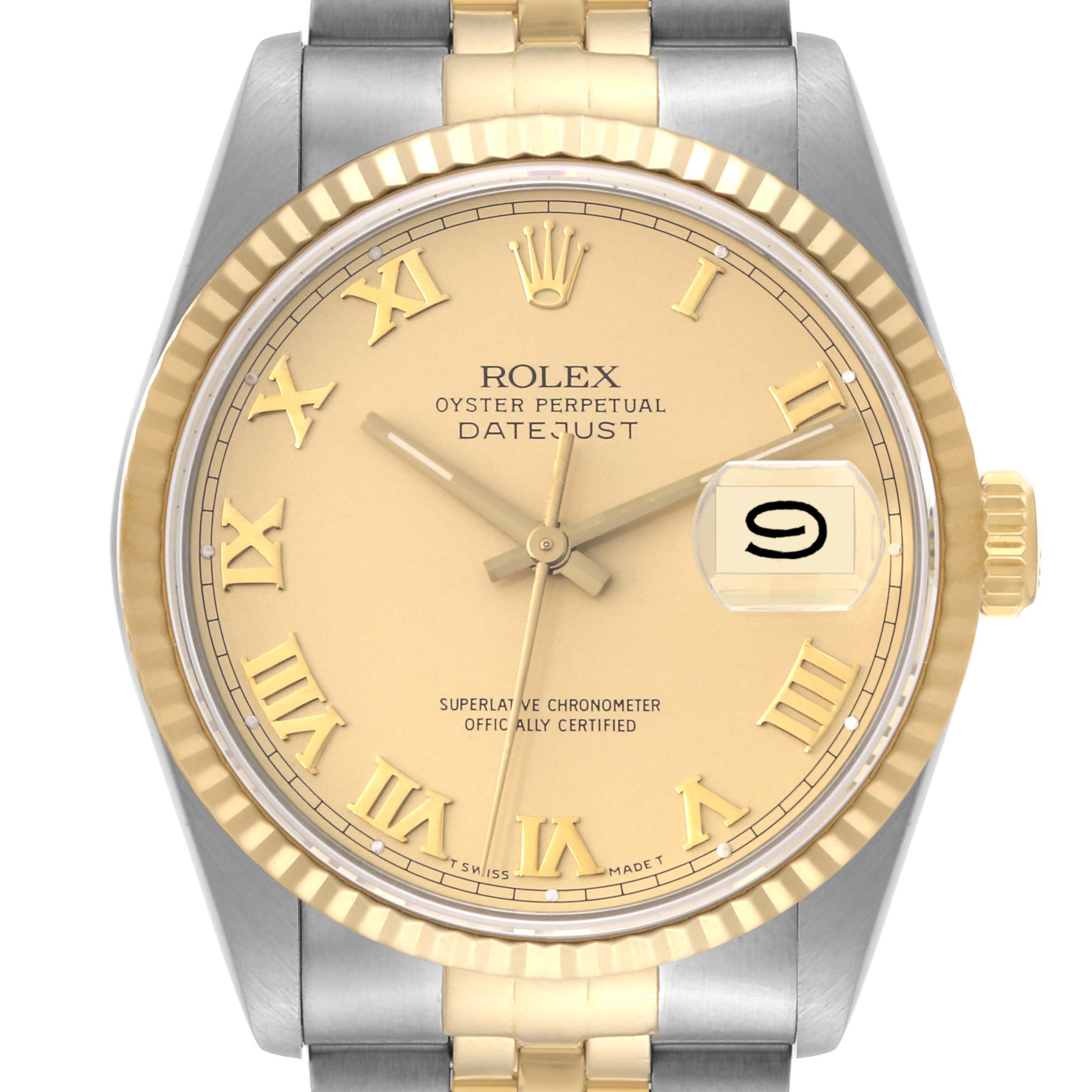 The image shows a frontal view of a Rolex Datejust 16233 Men's Steel and Gold (two tone) Champagne Dial 16233 Men's Steel and Gold (two tone) Champagne Dial watch highlighting the gold dial, Roman numerals, and the date window with magnification.