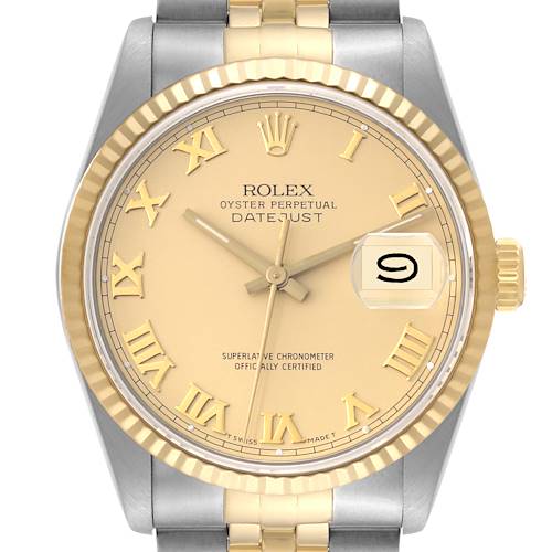 Photo of Rolex Datejust Steel Yellow Gold Champagne Roman Dial Mens Watch 16233