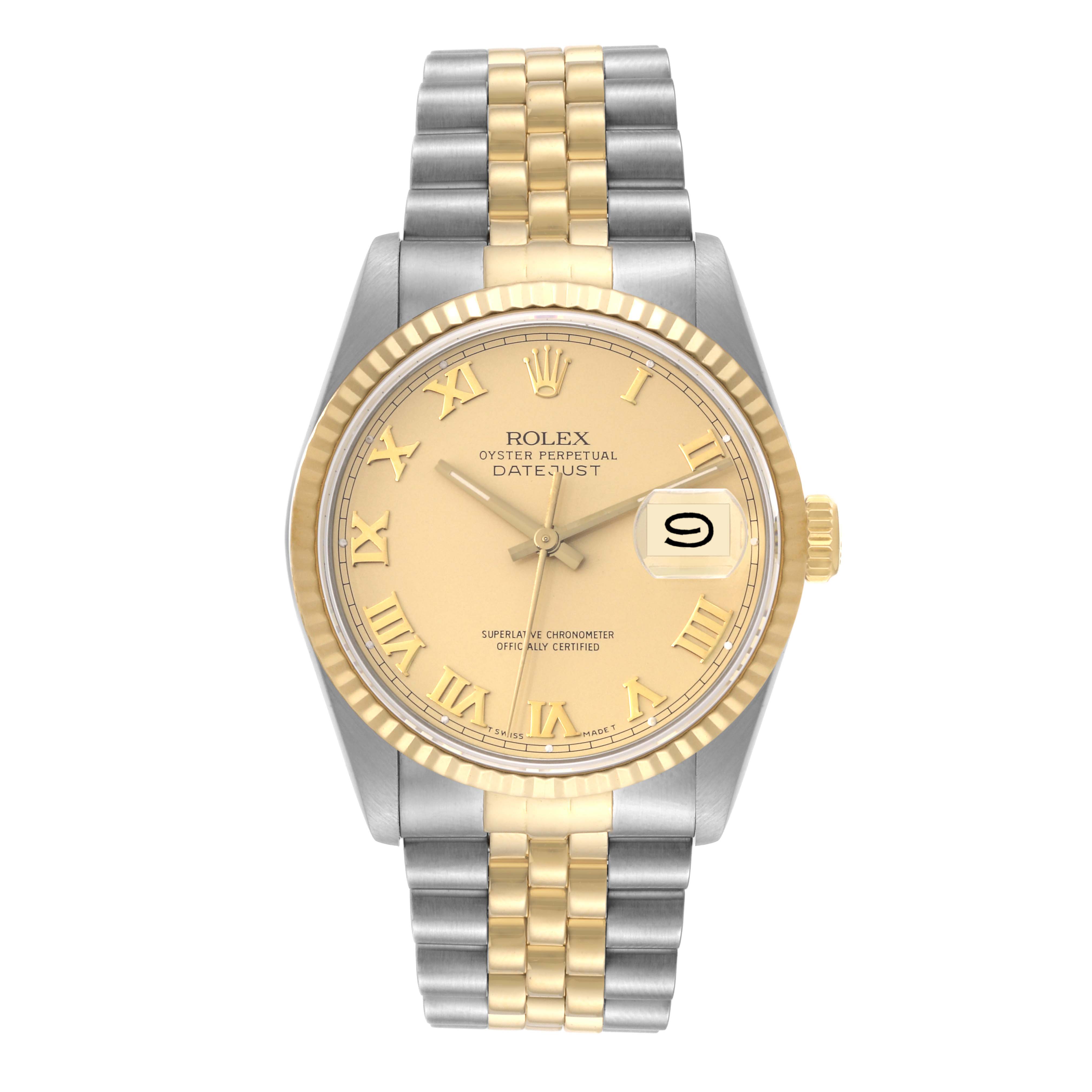 The image shows a front view of a Rolex Datejust 16233 Men's Steel and Gold (two tone) Champagne Dial 16233 Men's Steel and Gold (two tone) Champagne Dial watch, highlighting its gold dial, date window, and two-tone bracelet.