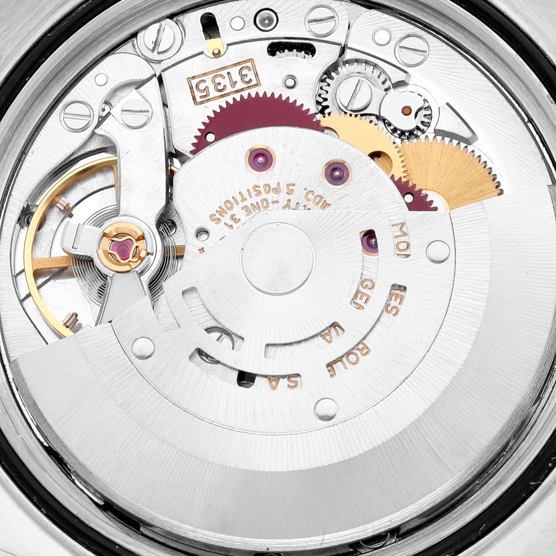 The image shows a close-up of the movement mechanism of a Rolex Datejust 16233 Men's Steel and Gold (two tone) Champagne Dial 16233 Men's Steel and Gold (two tone) Champagne Dial watch, viewed from the back.