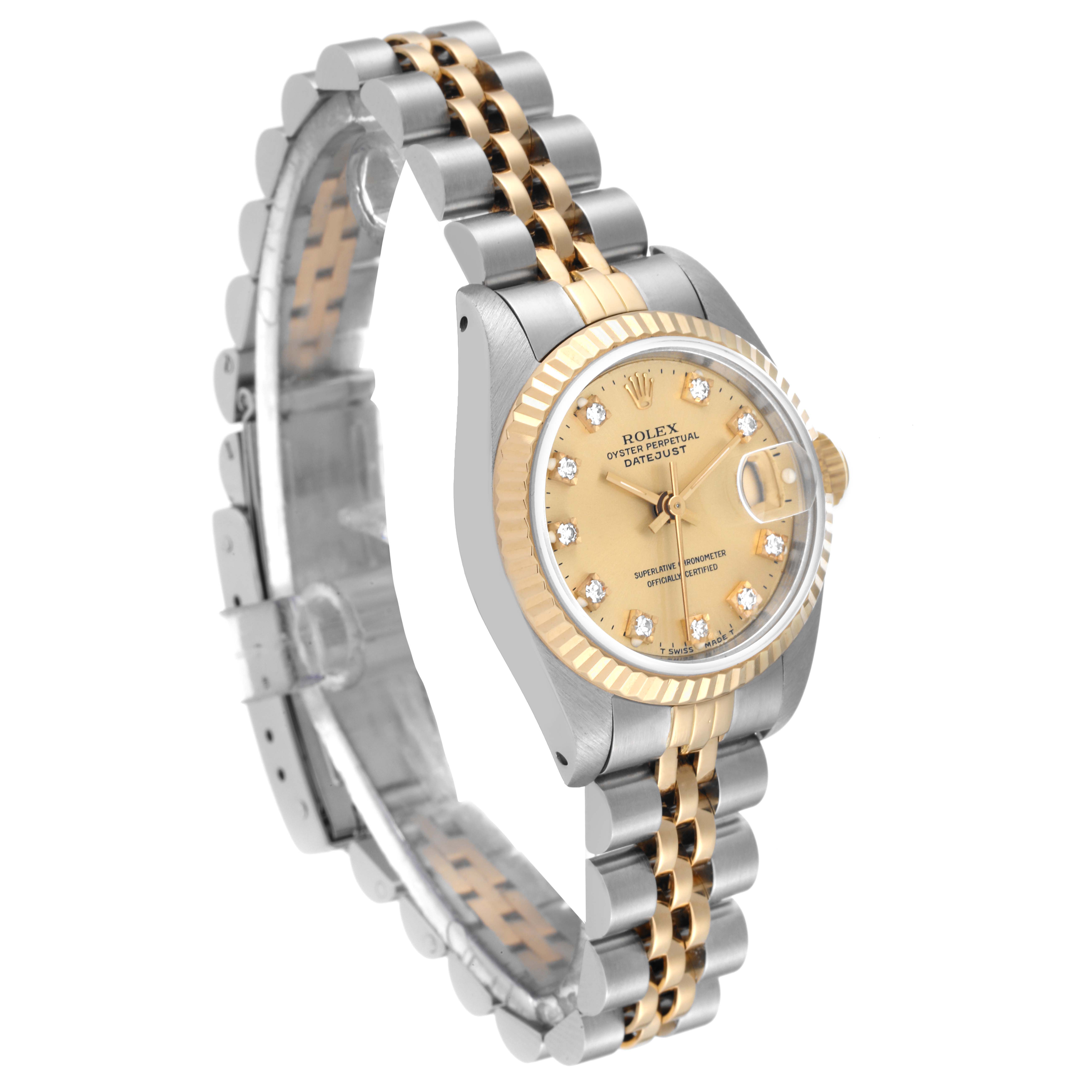 This image shows a Rolex Datejust 69173 Women's Steel and Gold (two tone) Champagne Dial 69173 Women's Steel and Gold (two tone) Champagne Dial model from a front angle, featuring a two-tone bracelet and diamond markers.