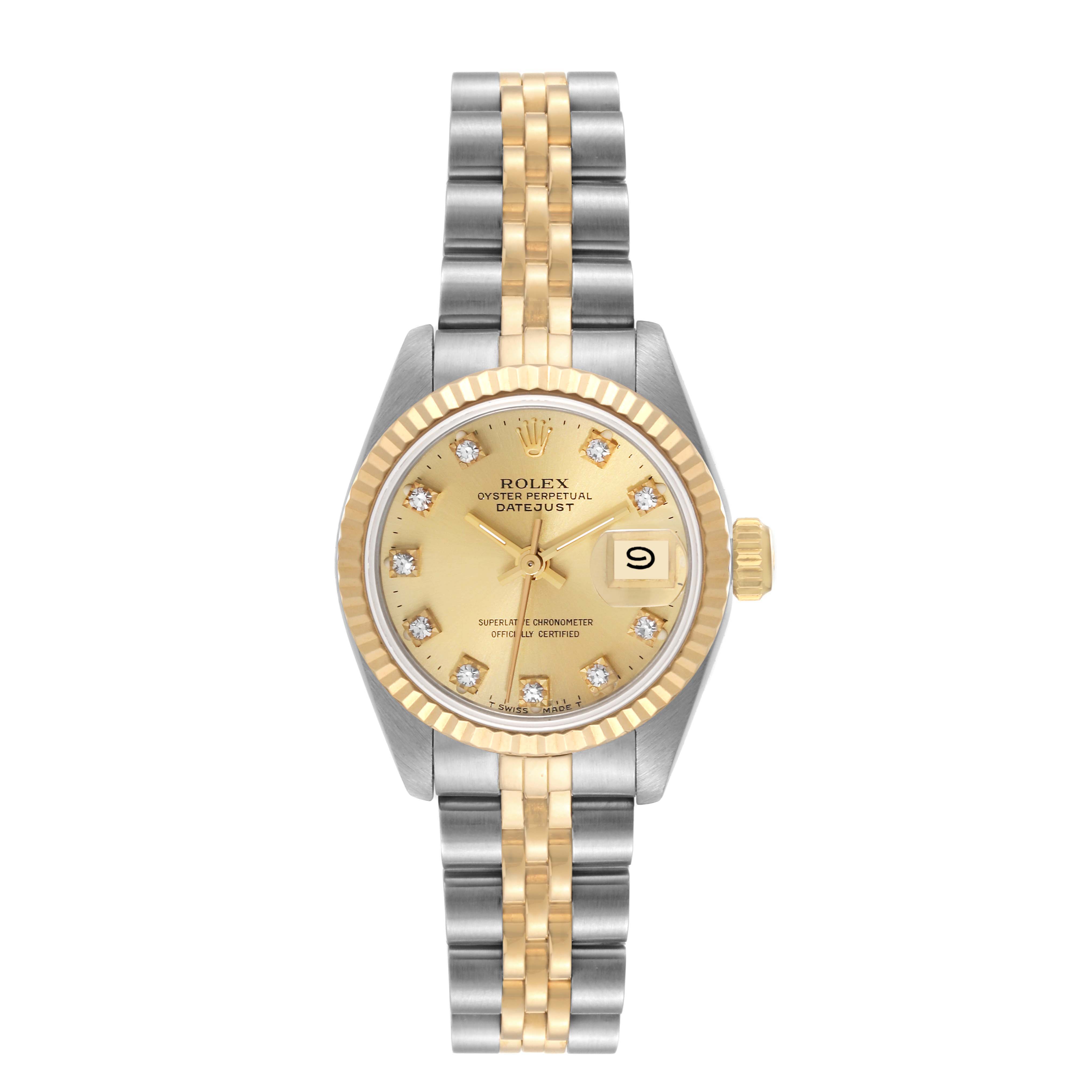 This image shows a Rolex Datejust 69173 Women's Steel and Gold (two tone) Champagne Dial 69173 Women's Steel and Gold (two tone) Champagne Dial watch from a top-down angle, displaying its gold/silver bracelet, diamond hour markers, and date window.