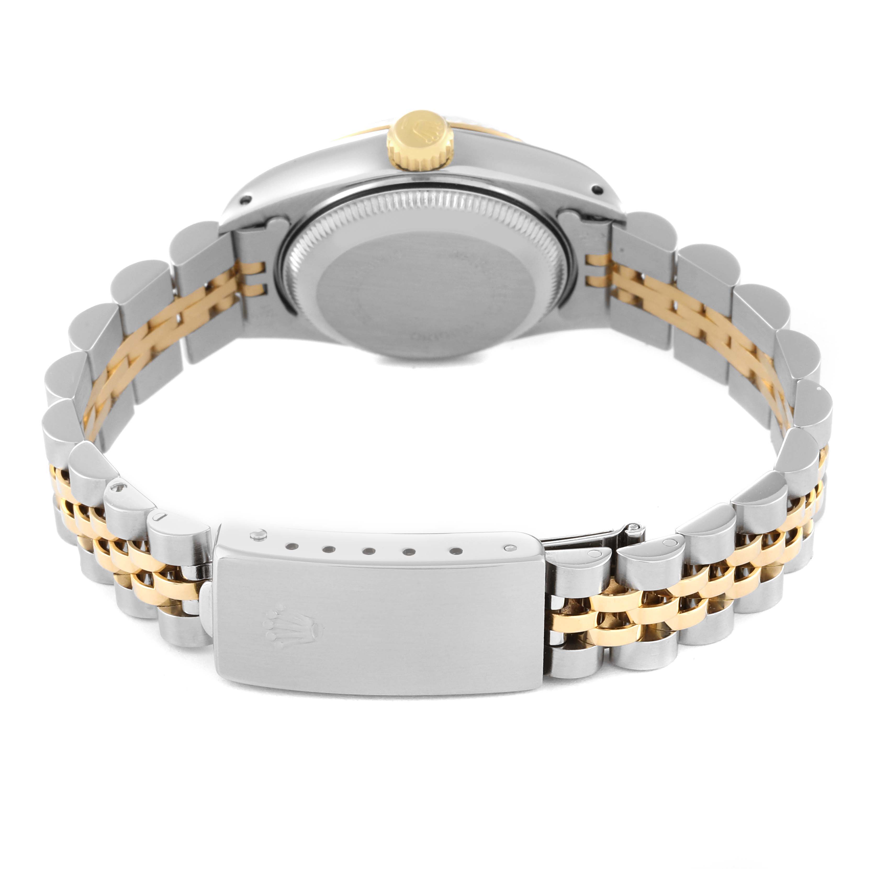 This image shows the back view of a Rolex Datejust 69173 Women's Steel and Gold (two tone) Champagne Dial 69173 Women's Steel and Gold (two tone) Champagne Dial watch, highlighting the bracelet and clasp.