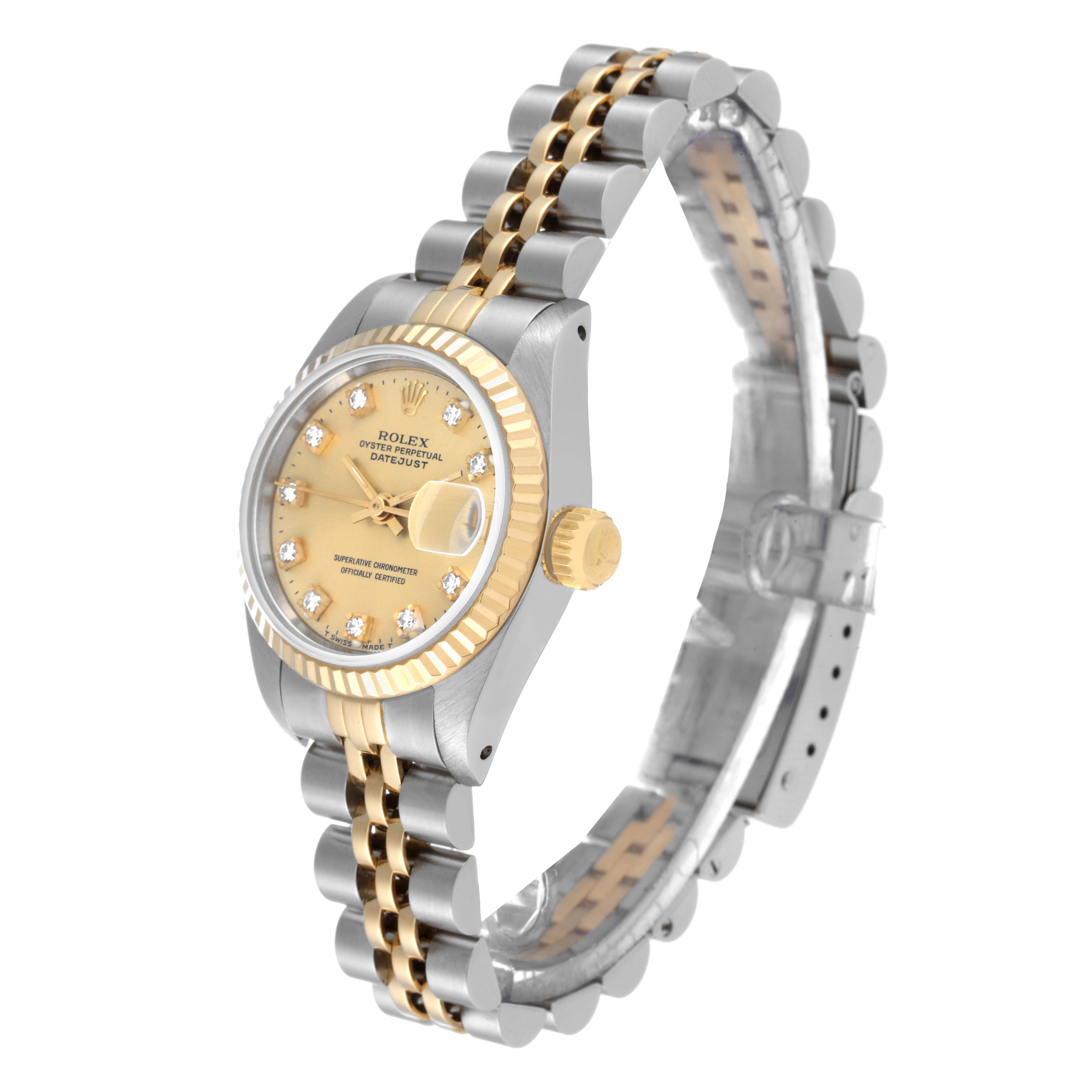 The Rolex Datejust 69173 Women's Steel and Gold (two tone) Champagne Dial 69173 Women's Steel and Gold (two tone) Champagne Dial watch is shown at a 3/4 angle, highlighting the dial, bezel, crown, and part of the bracelet.