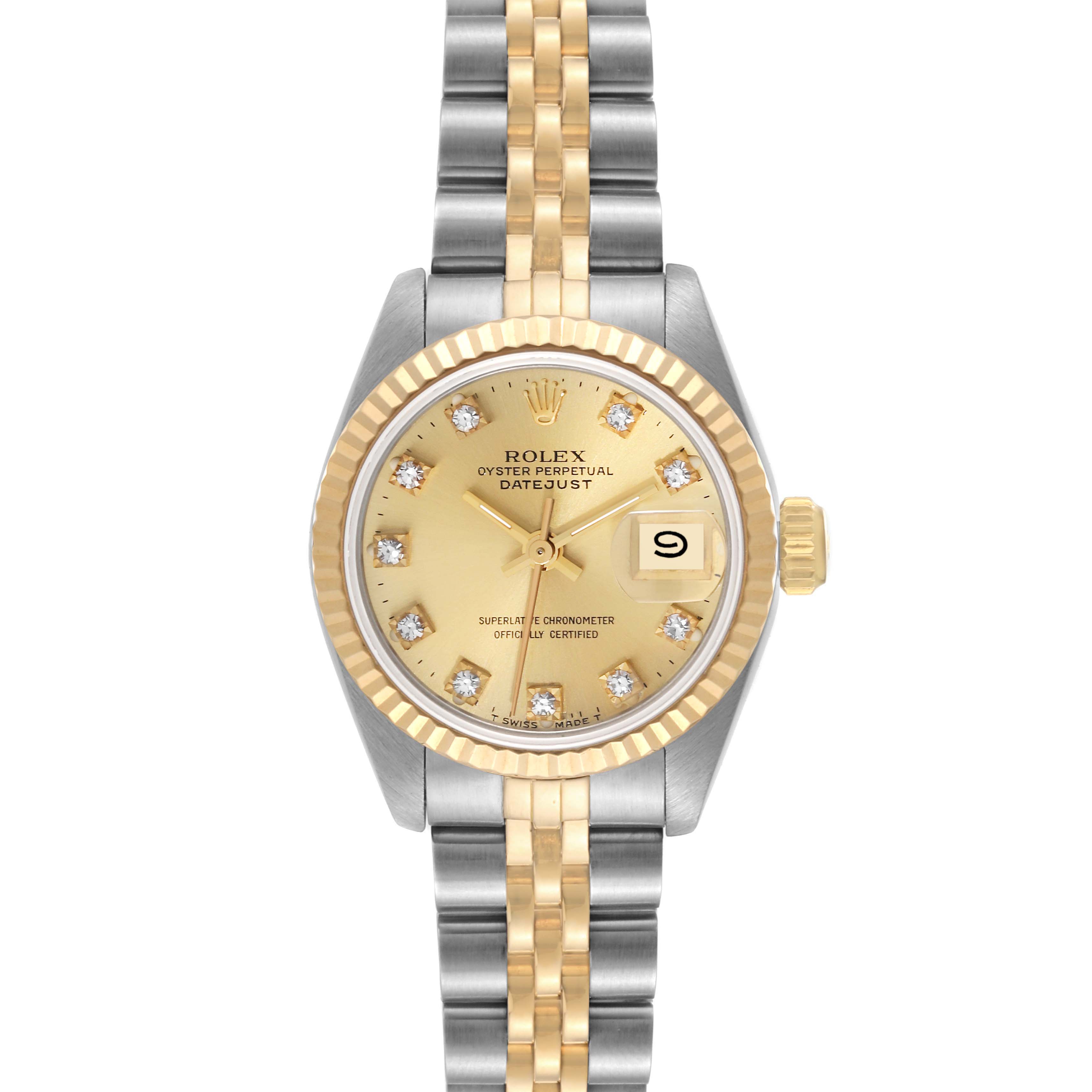 The image shows a Rolex Datejust 69173 Women's Steel and Gold (two tone) Champagne Dial 69173 Women's Steel and Gold (two tone) Champagne Dial watch with a gold and silver bracelet, gold dial, diamond hour markers, and date window at 3 o'clock.